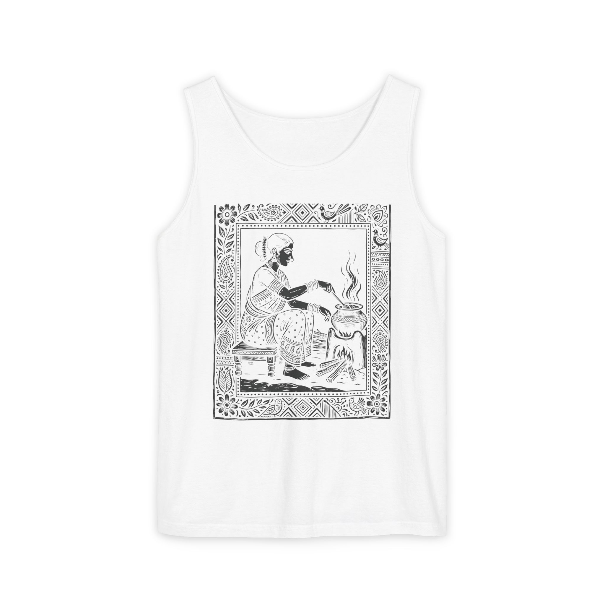 Chulha Wali Tank Top – Indian Folk Art Cooking Scene on White