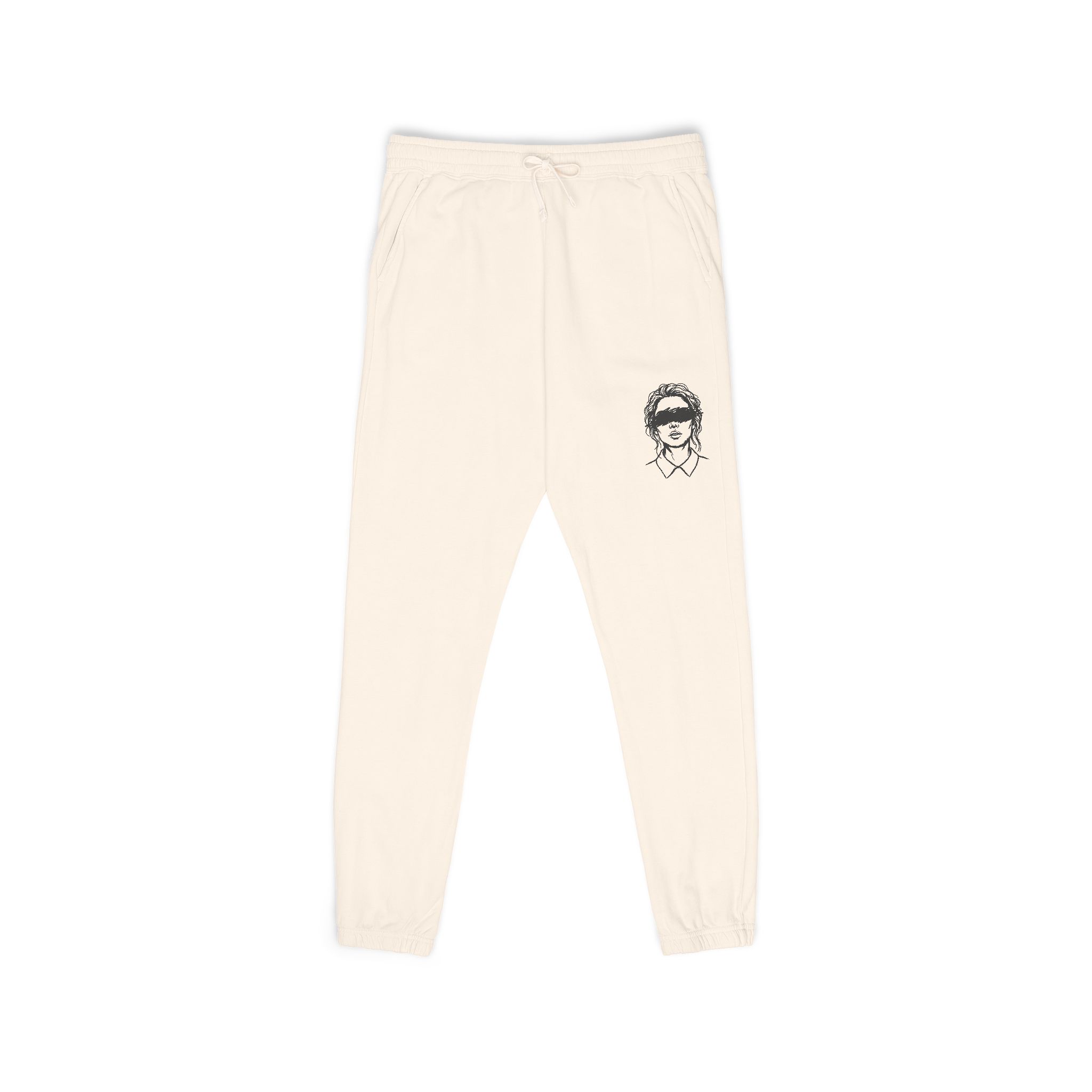 Blindfolded Portrait Sweatpants – White Fleece Ink Sketch Woman Leg Print