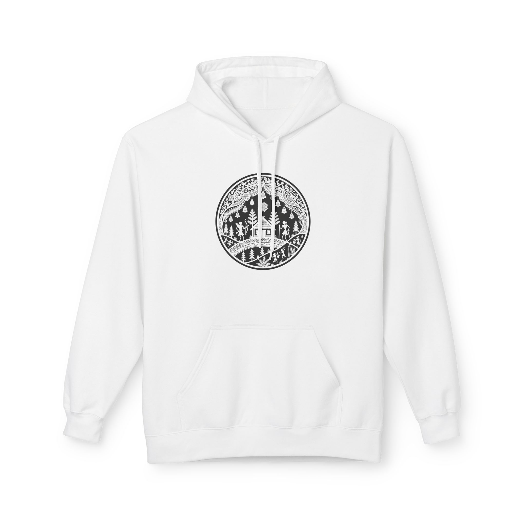 Warli Village Circle Hoodie – Indian Folk Art on White
