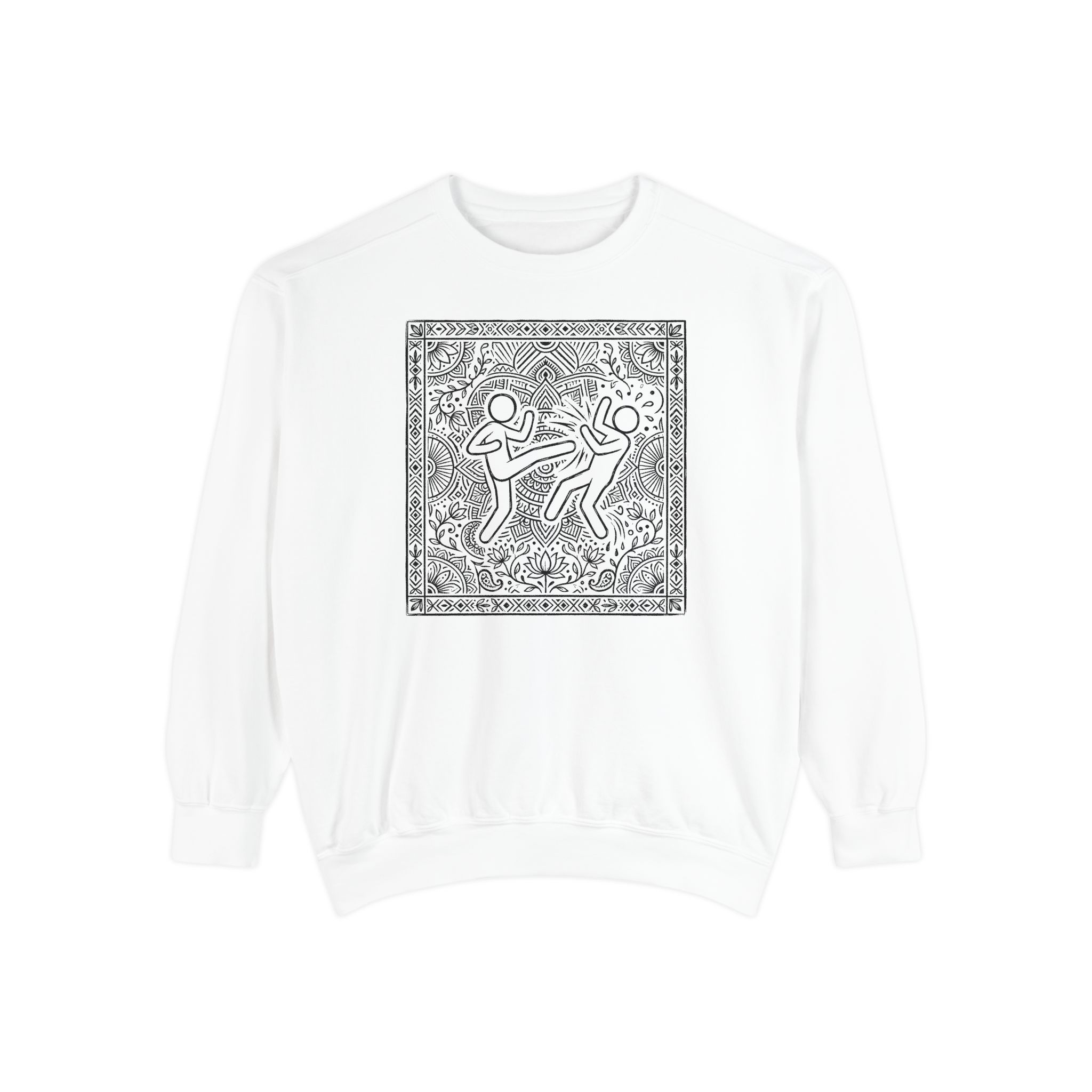 Mandala Fighters Sweatshirt – Pop Art Figures on Mandala White