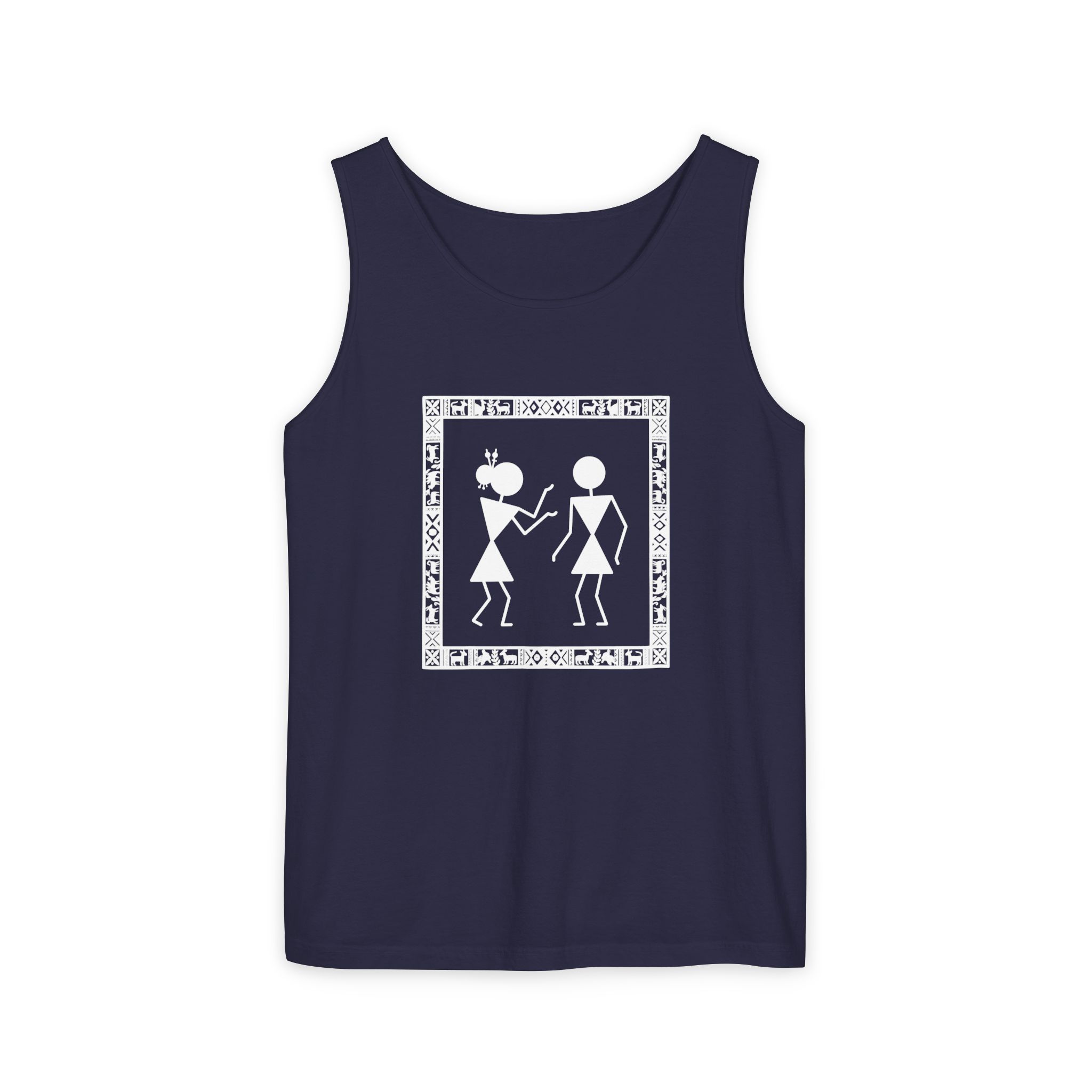 Warli Dance Duo Tank Top – Tribal Folk Art on Black