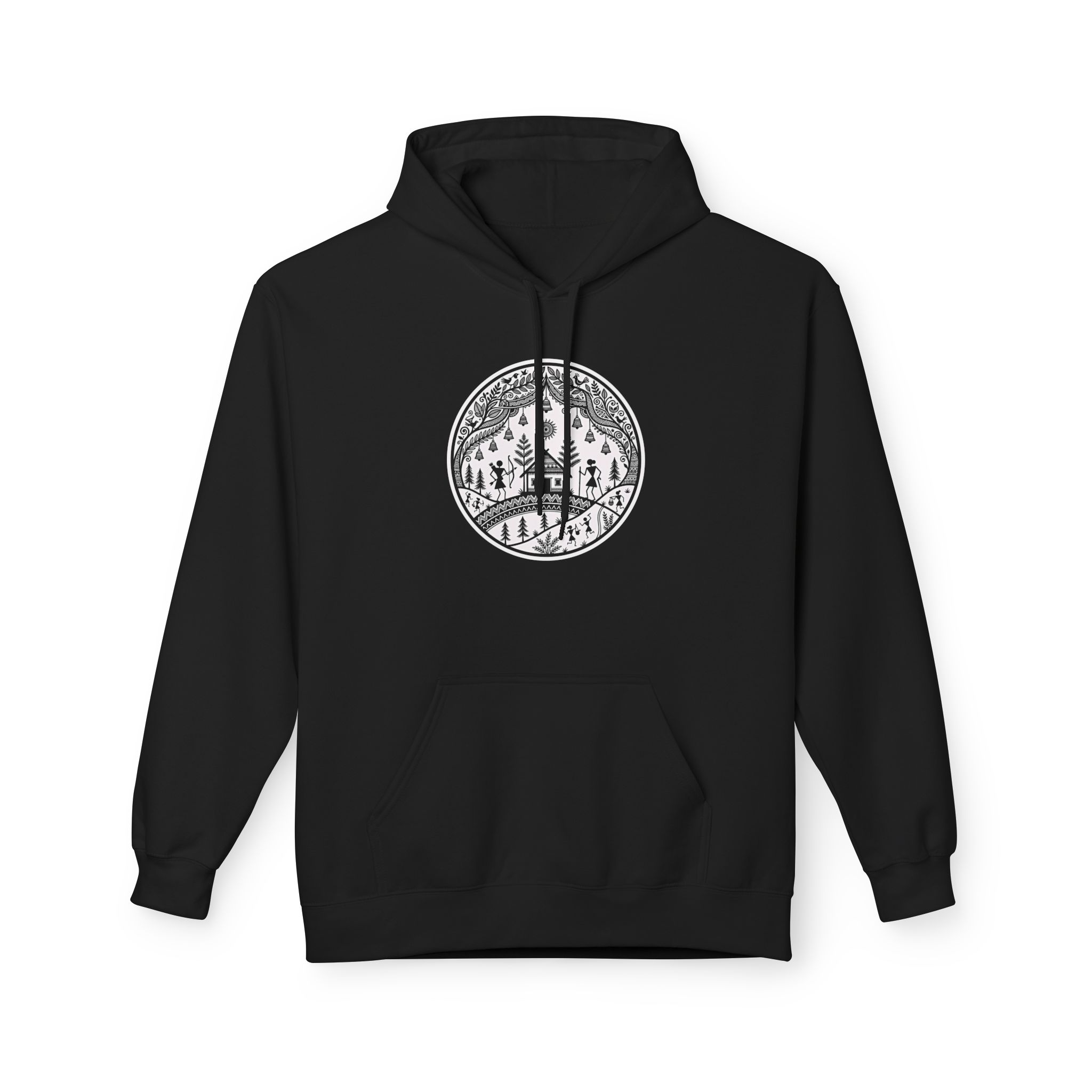 Warli Village Circle Hoodie – Indian Folk Art Heritage Print