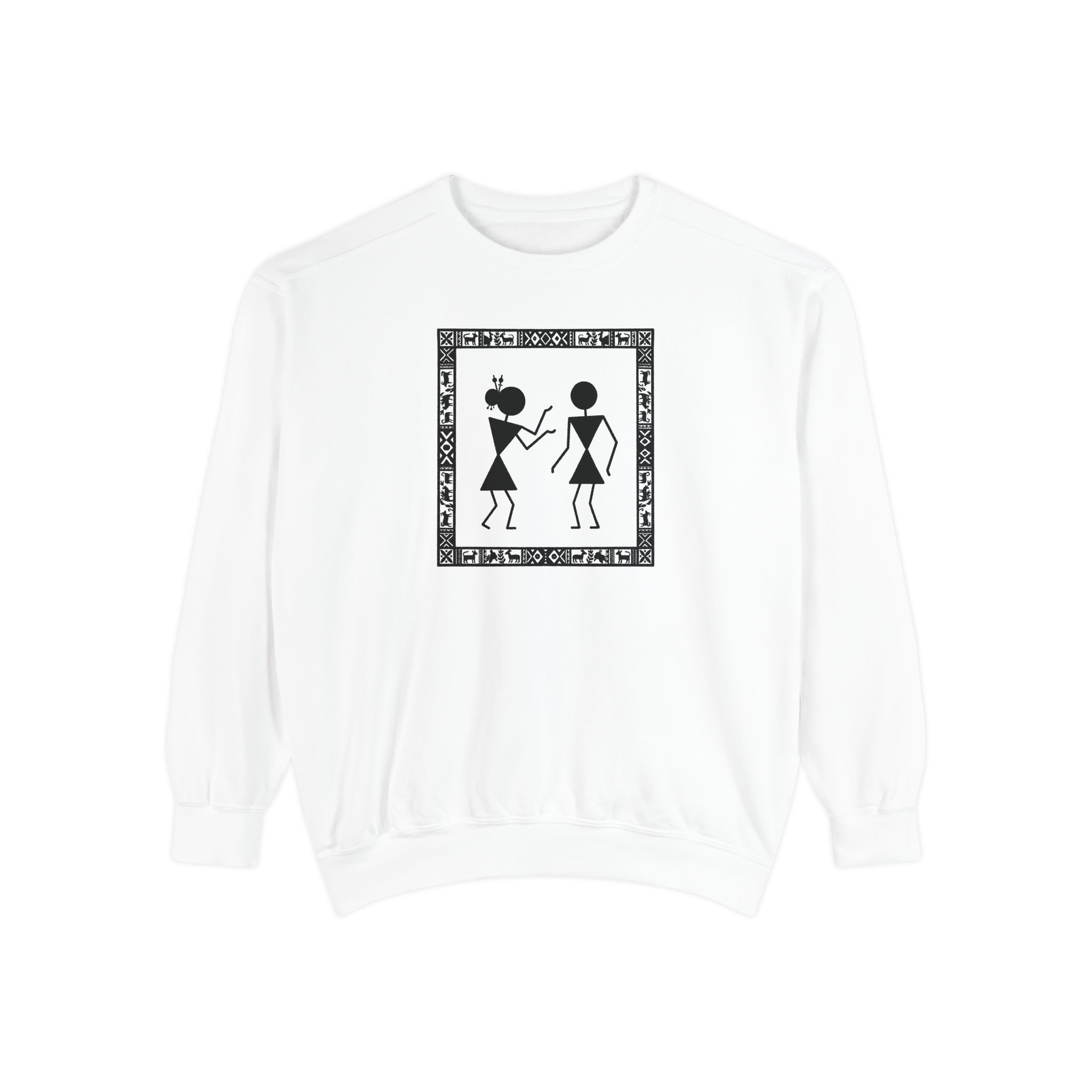 Warli Dance Duo Sweatshirt – Tribal Folk Art on White
