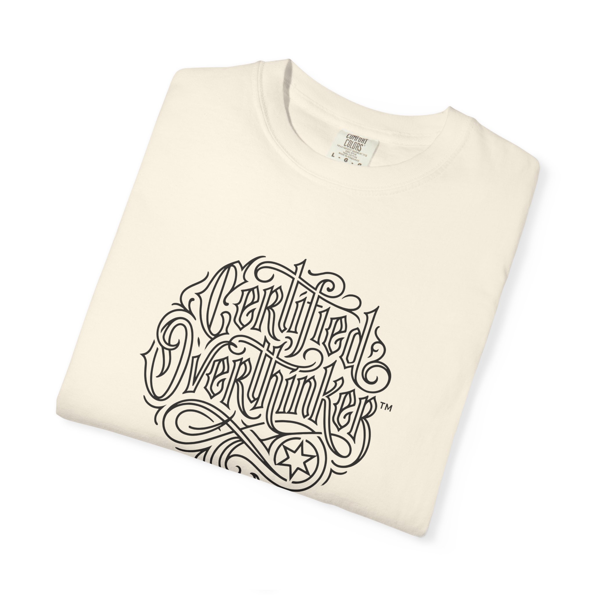 Certified Overthinker™ Tee – Gothic Calligraphy Outline on White - Image 7