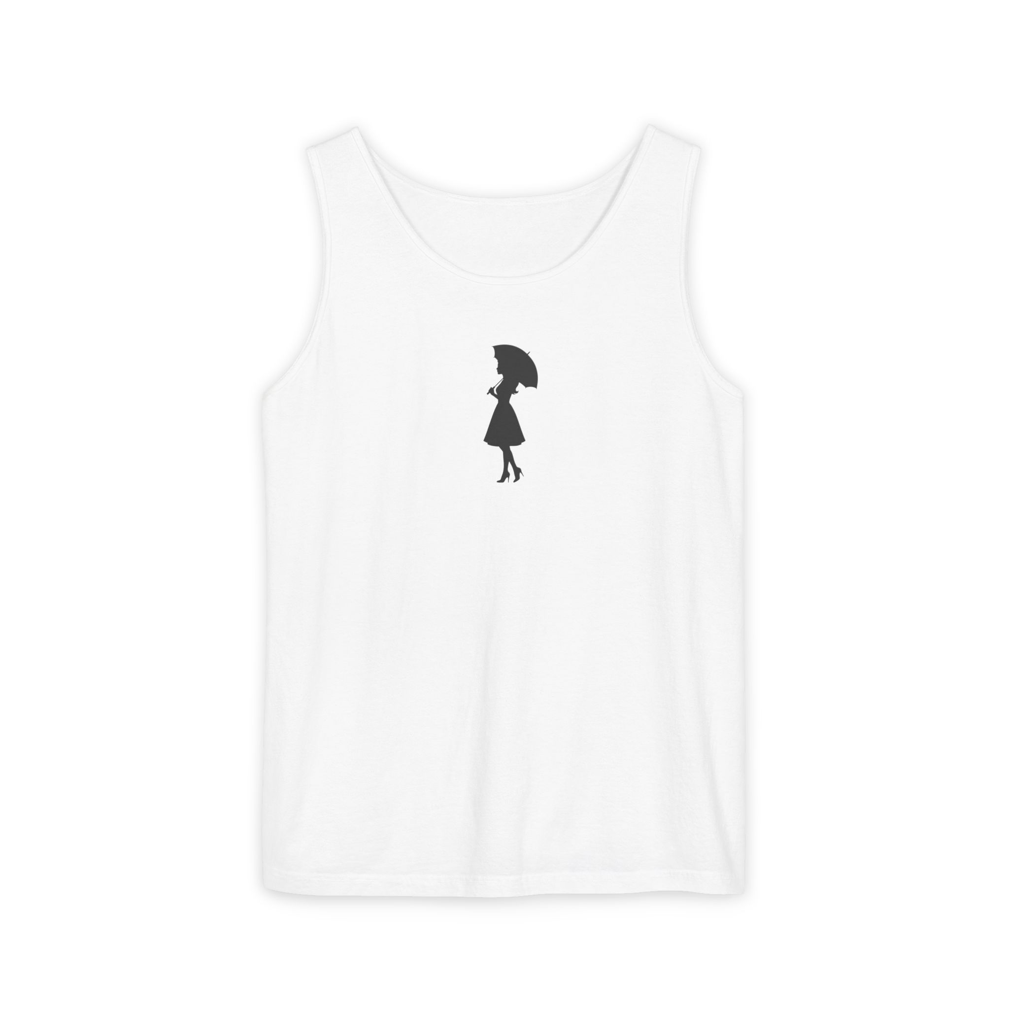 Umbrella Silhouette Tank Top – Elegant Woman Walking on White