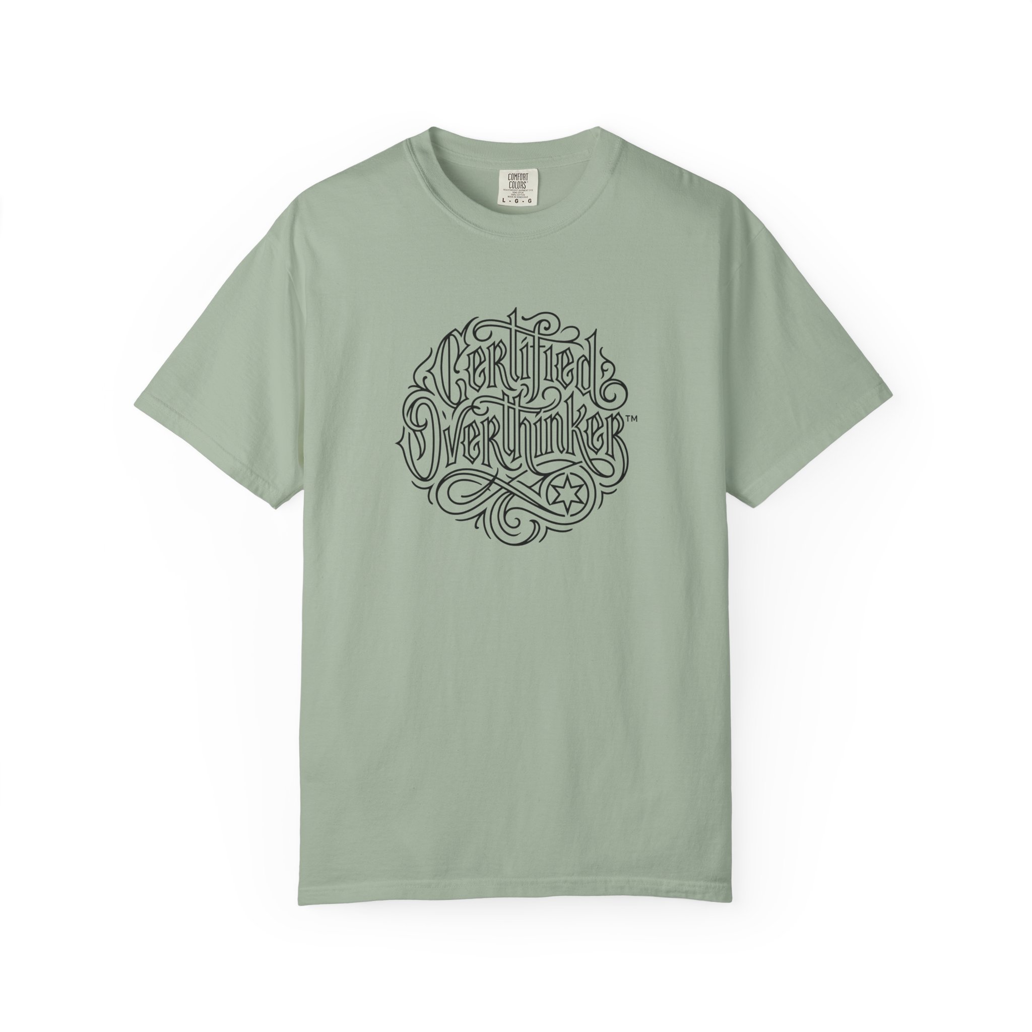 Certified Overthinker™ Tee – Gothic Calligraphy Outline on White - Image 9