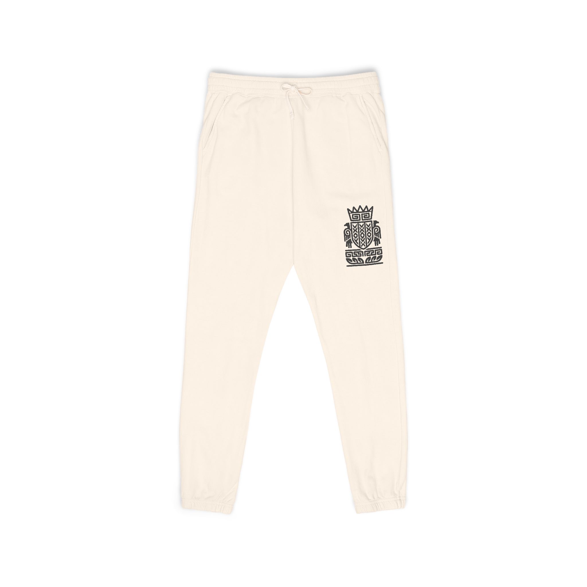 Aztec Heraldic Crest Sweatpants – White Fleece Mesoamerican Shield Leg Print