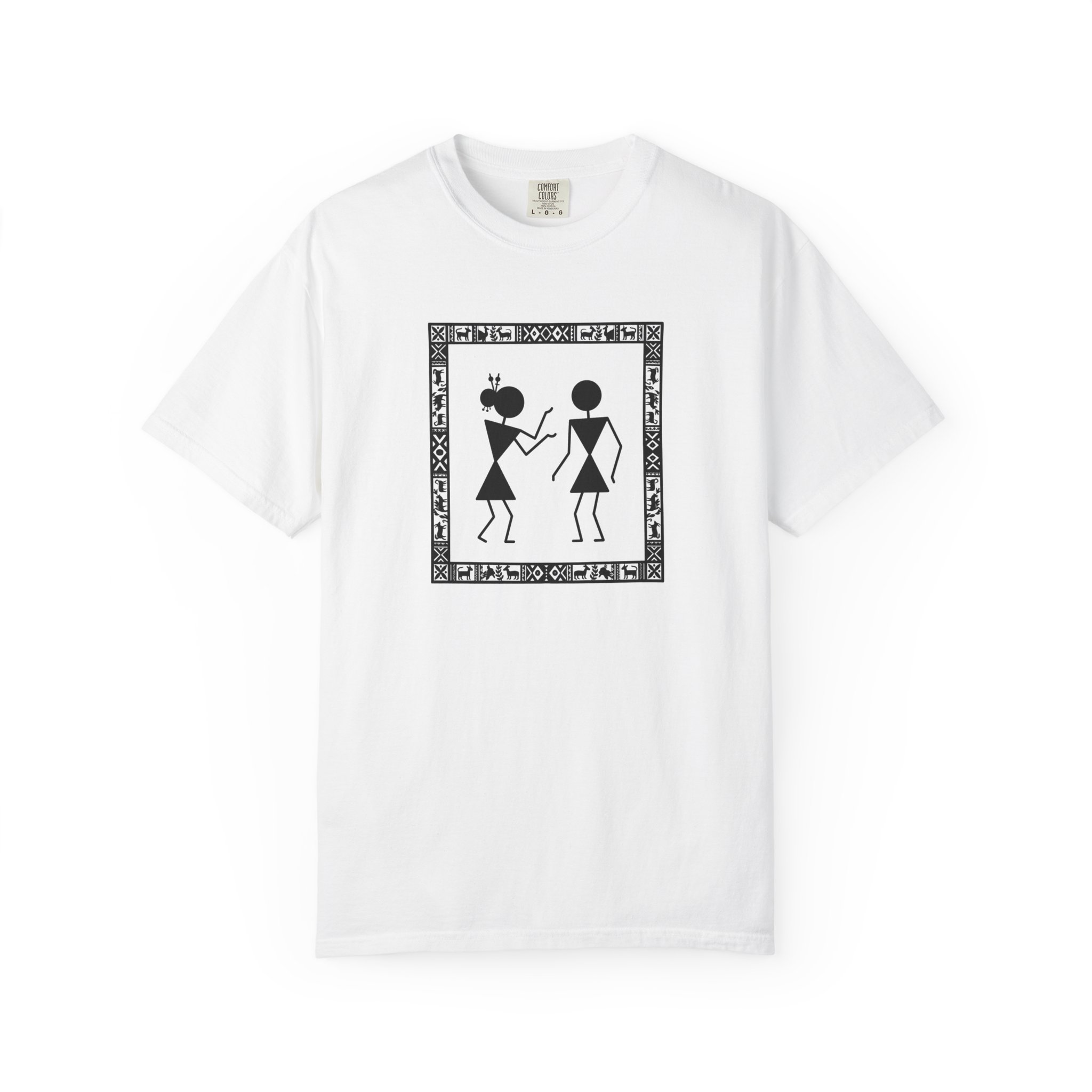 Warli Dance Duo Tee – Tribal Folk Art on White