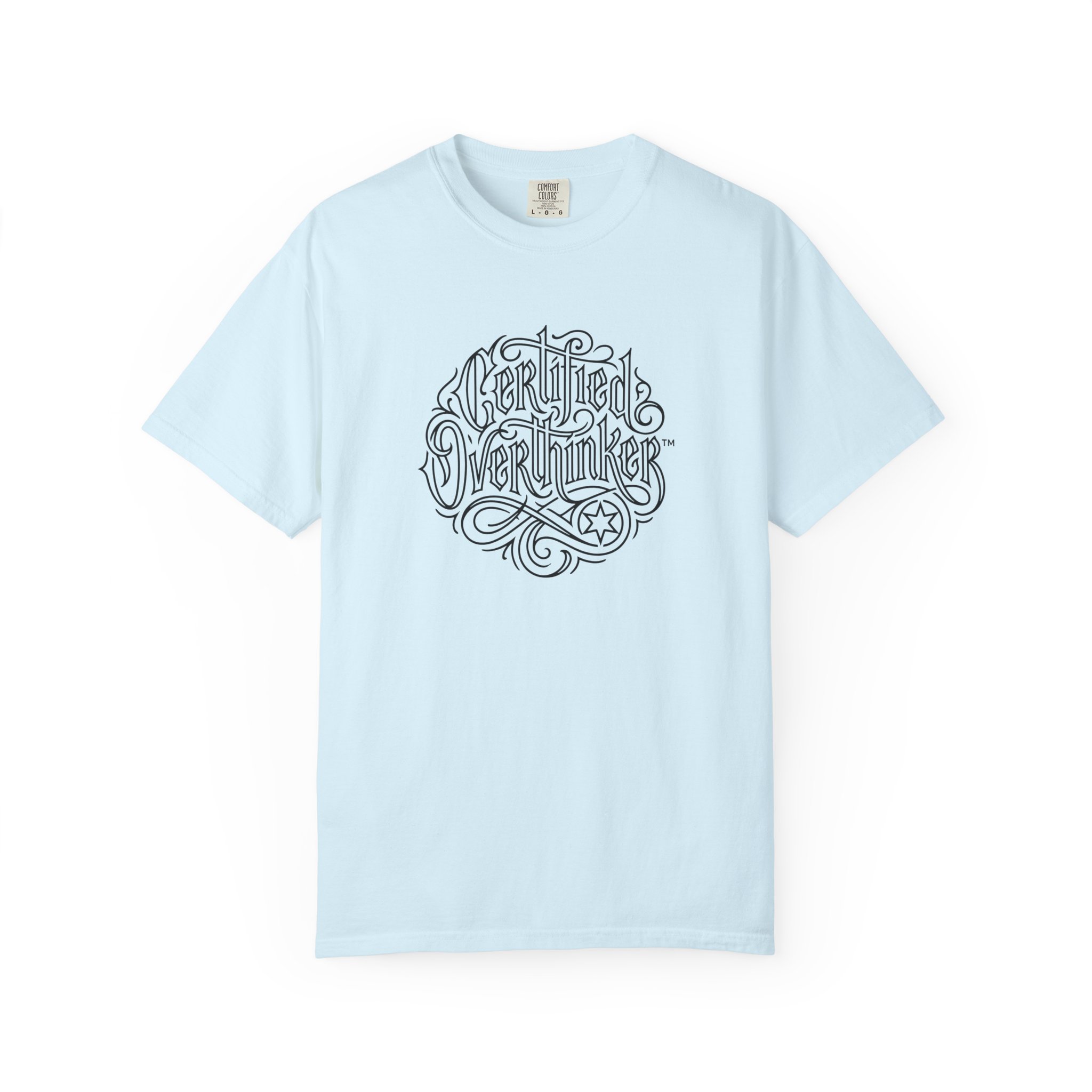 Certified Overthinker™ Tee – Gothic Calligraphy Outline on White - Image 17