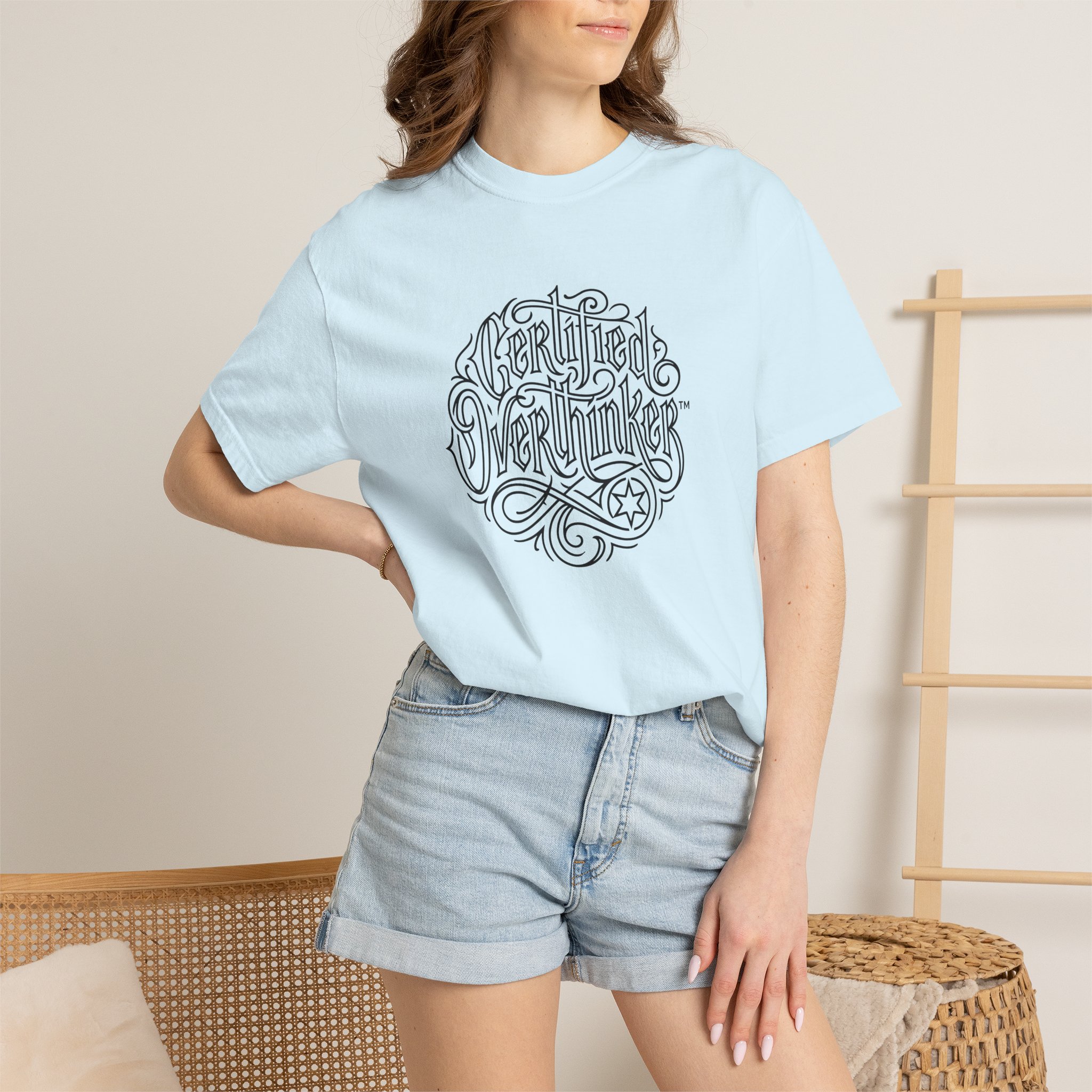 Certified Overthinker™ Tee – Gothic Calligraphy Outline on White - Image 20