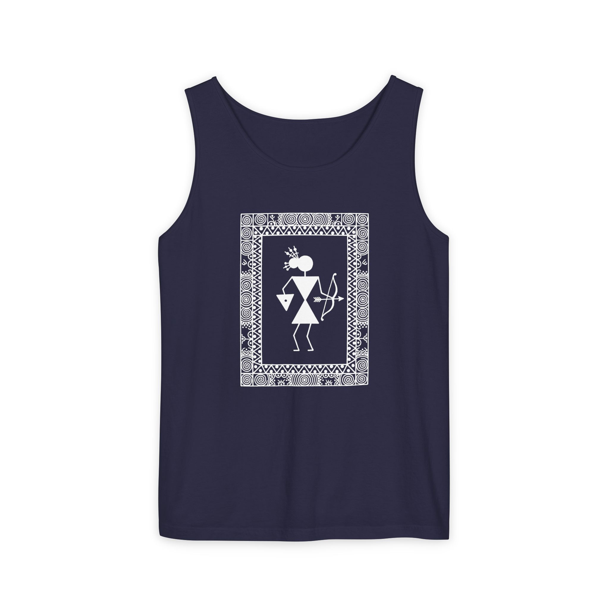 Warli Archer Tank Top – Tribal Warrior Folk Art on Black
