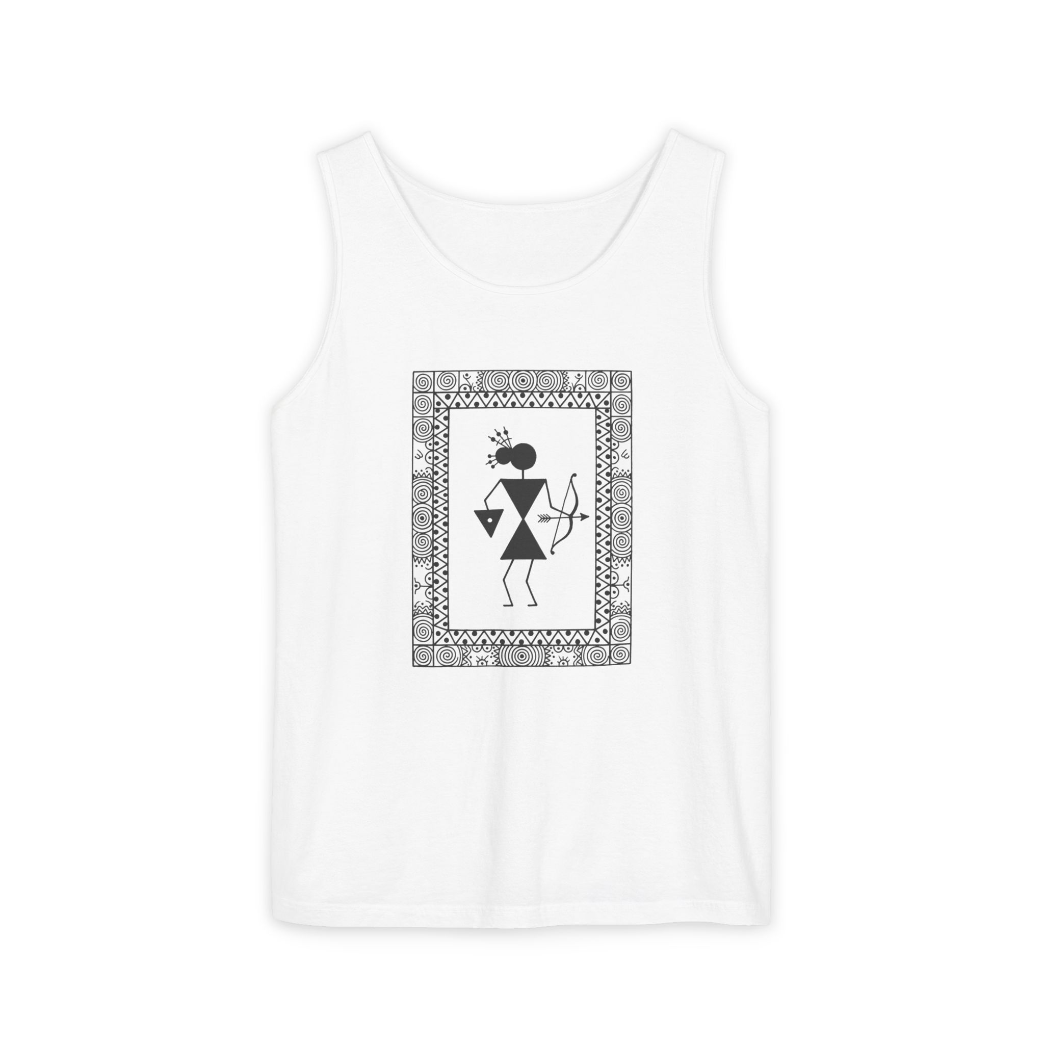 Warli Archer Tank Top – Tribal Warrior Folk Art on White