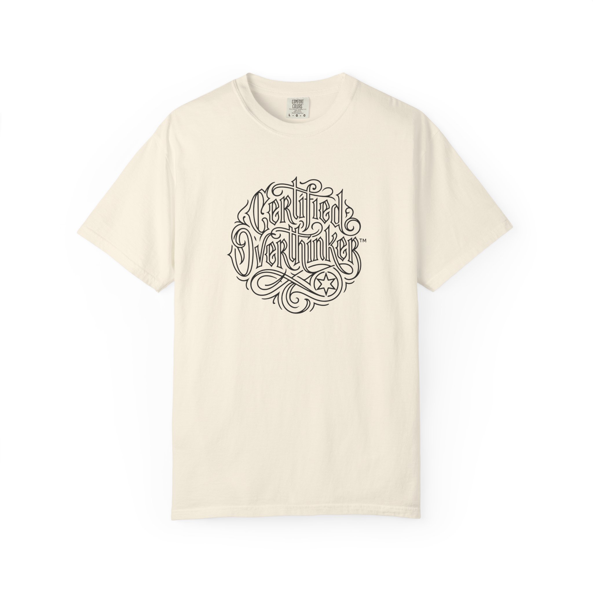 Certified Overthinker™ Tee – Gothic Calligraphy Outline on White - Image 5