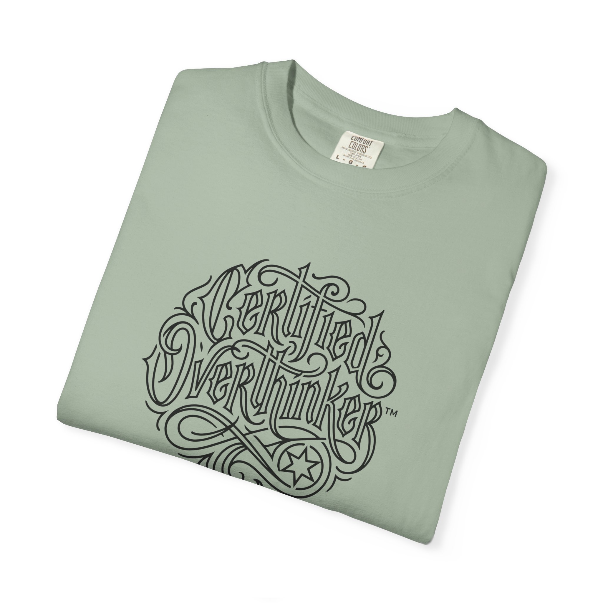 Certified Overthinker™ Tee – Gothic Calligraphy Outline on White - Image 11