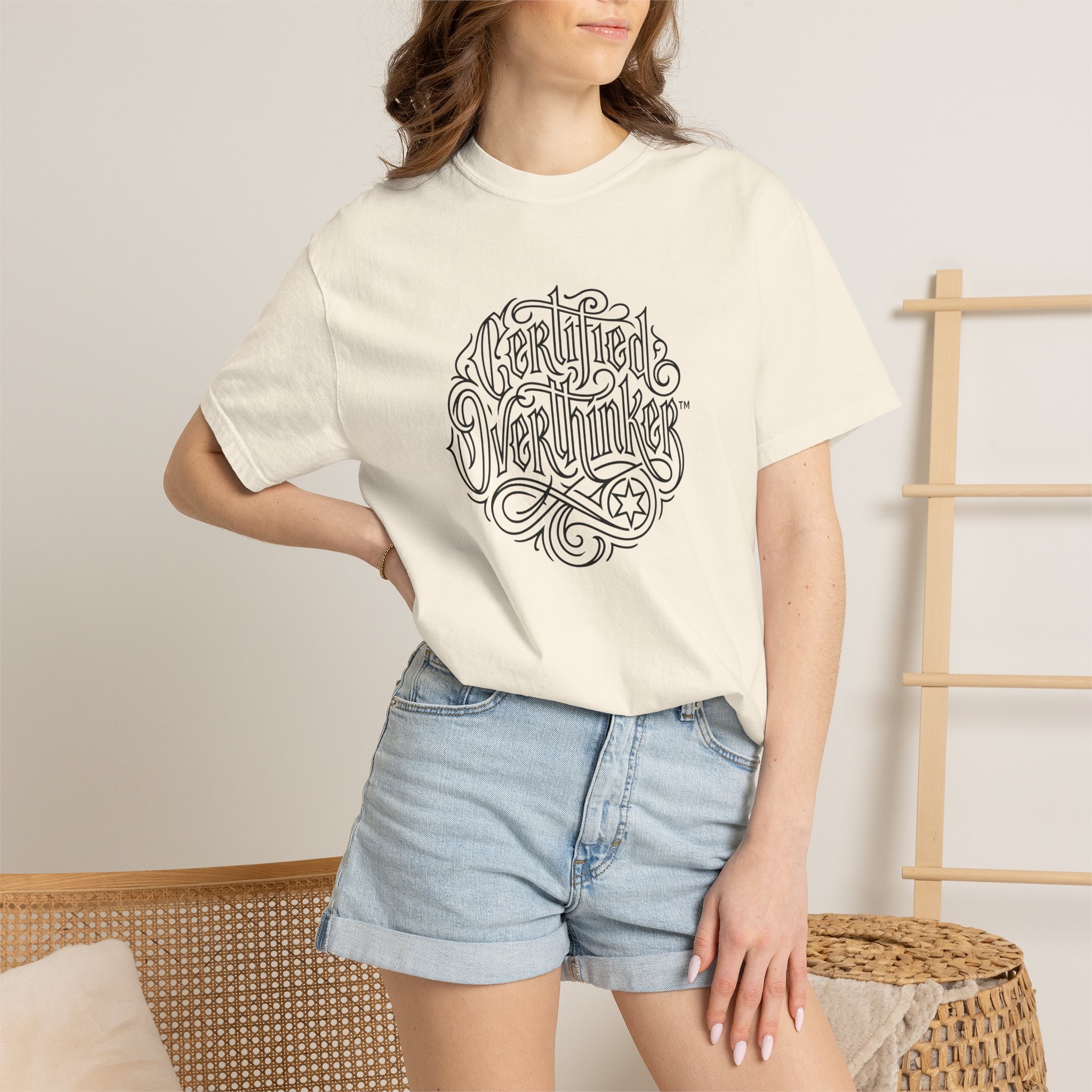Certified Overthinker™ Tee – Gothic Calligraphy Outline on White - Image 8