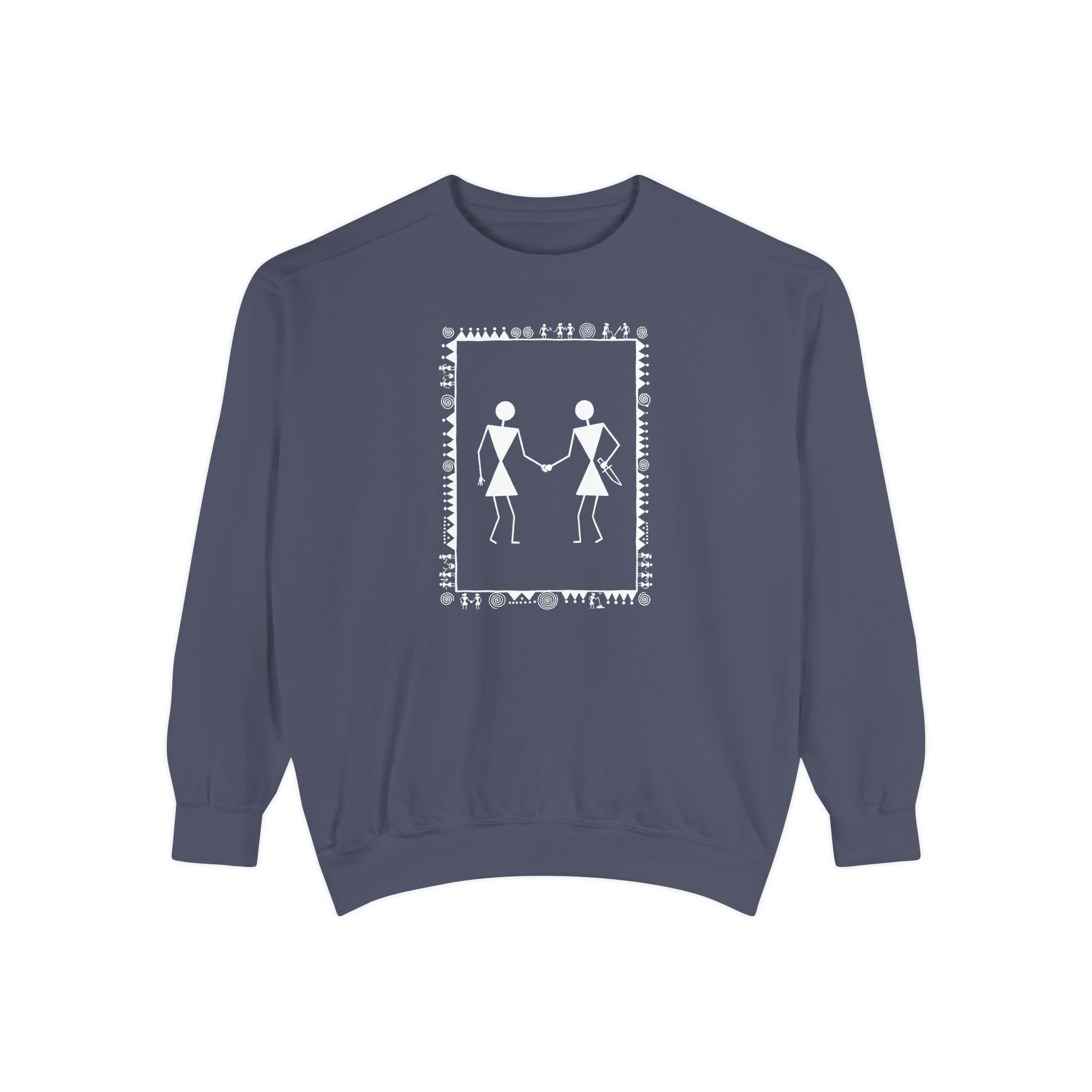Warli Warriors Sweatshirt – Folk Art Handshake on Black