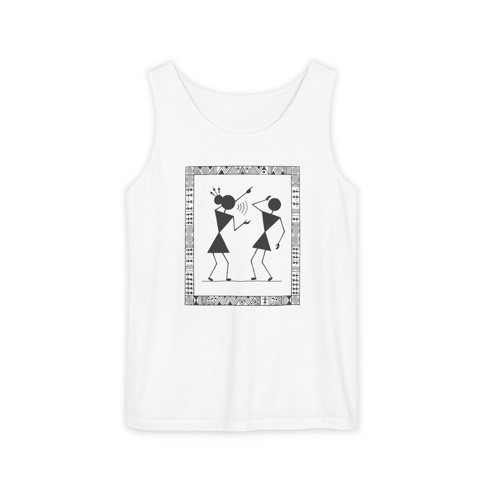 Warli Dab Dance Tank Top – Tribal Folk Art on White