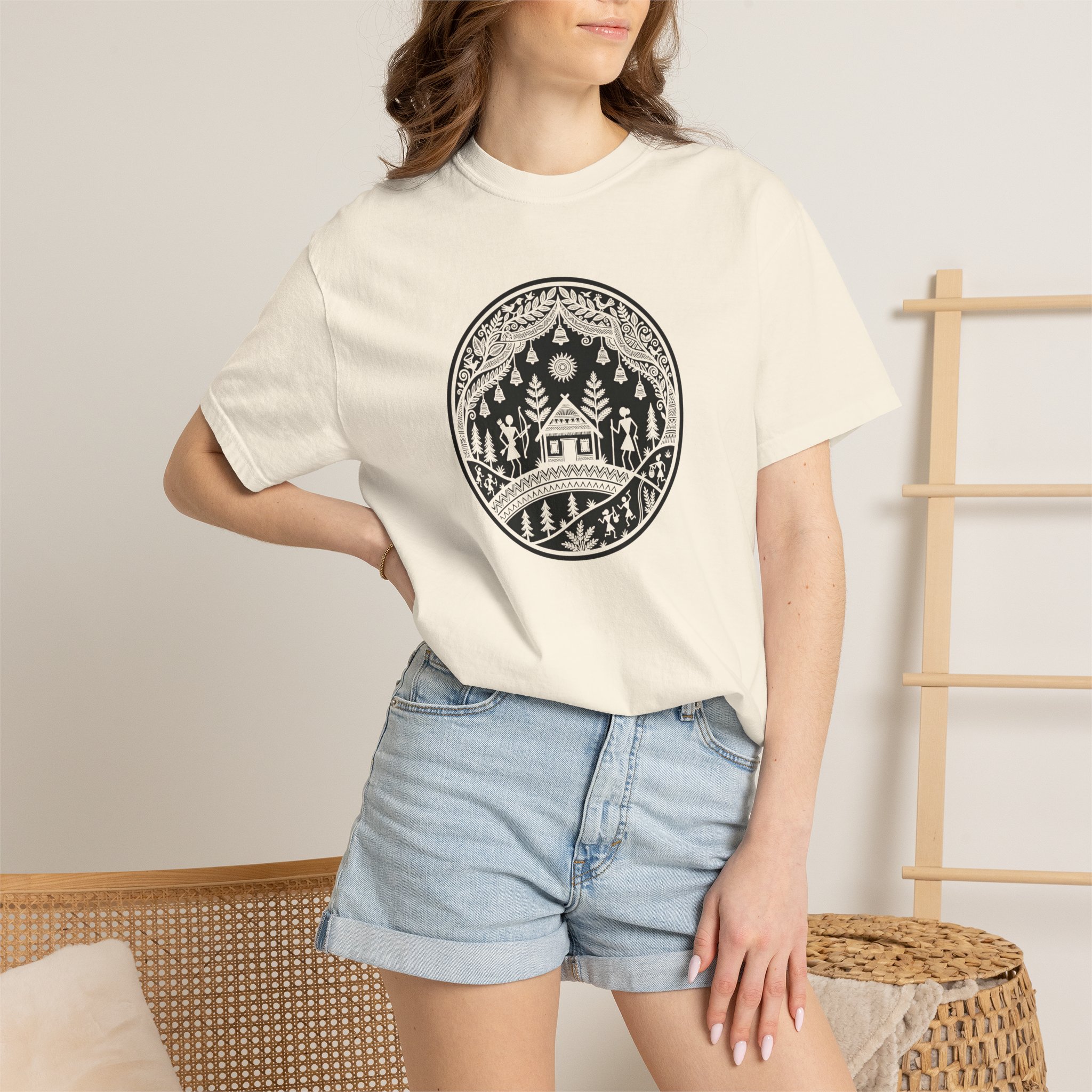 Warli Village Circle Tee – Indian Folk Art on White - Image 8