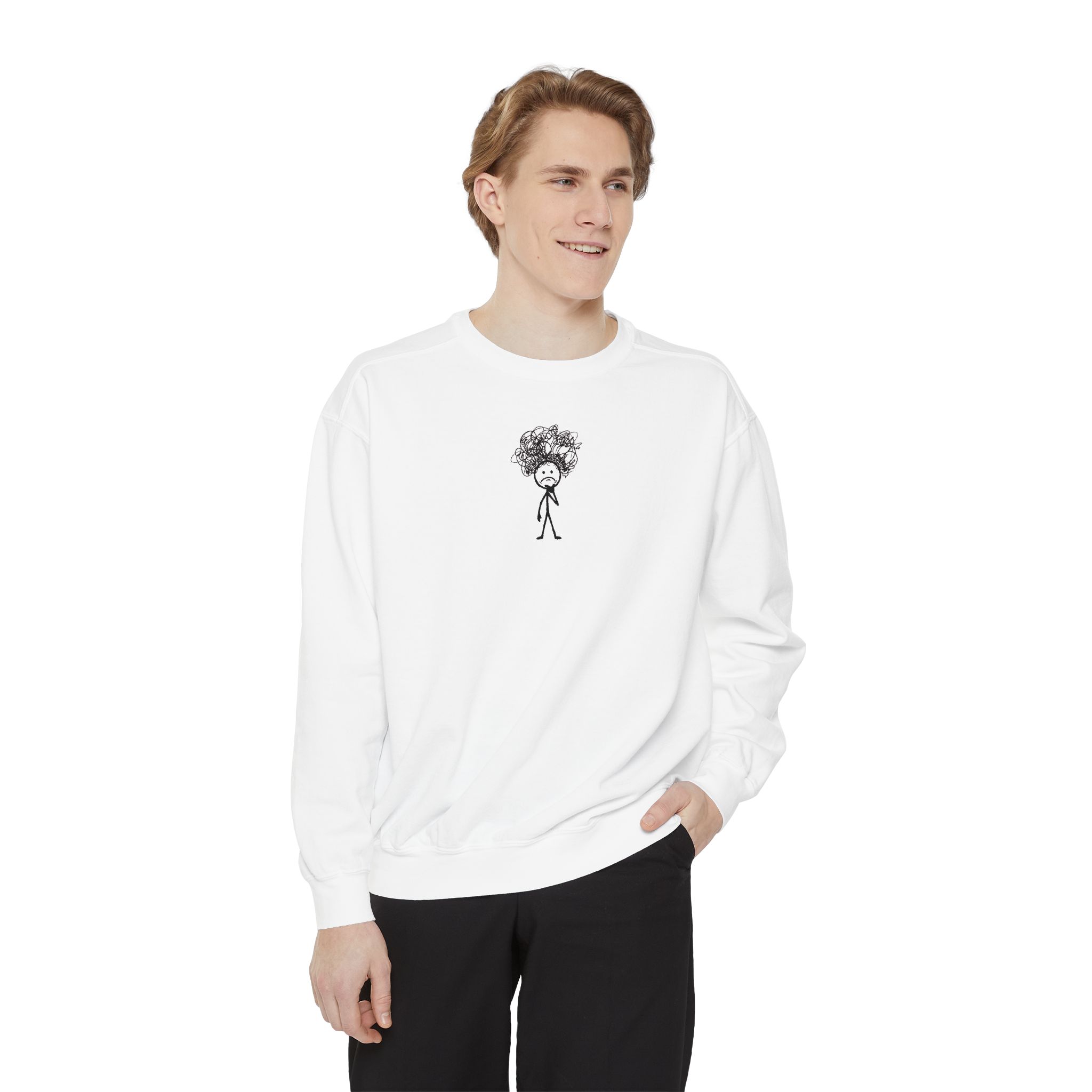 Overthinker Stick Figure Sweatshirt – Anxiety Scribble Art on White - Image 3