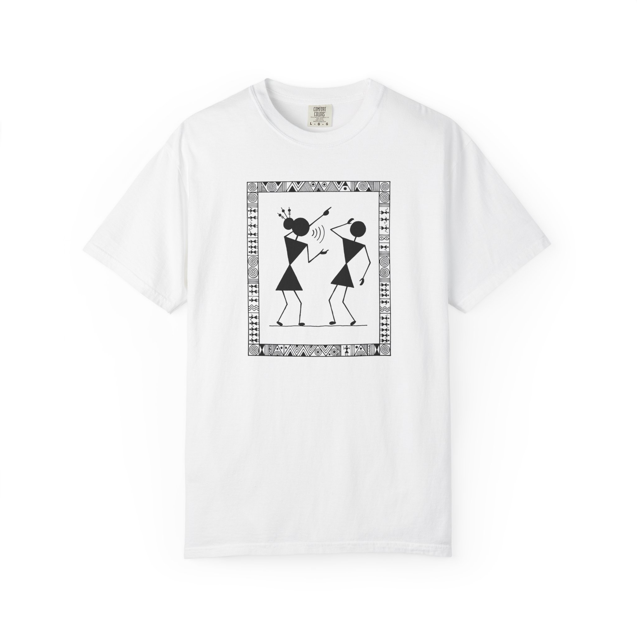 Warli Dab Dance Tee – Tribal Folk Art on White
