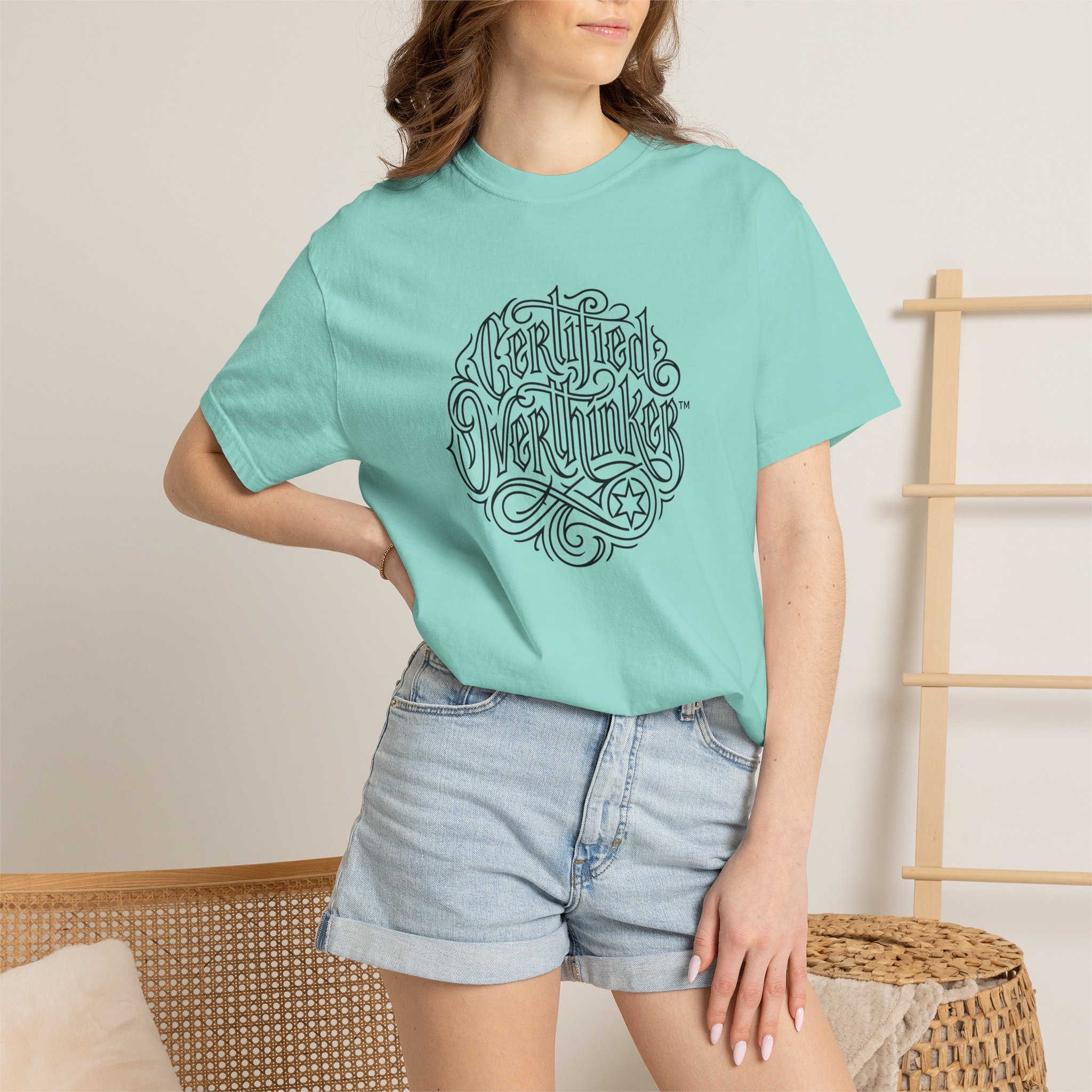Certified Overthinker™ Tee – Gothic Calligraphy Outline on White - Image 16