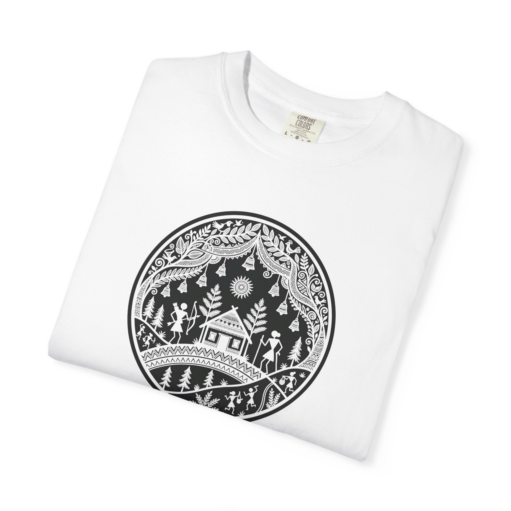 Warli Village Circle Tee – Indian Folk Art on White - Image 3