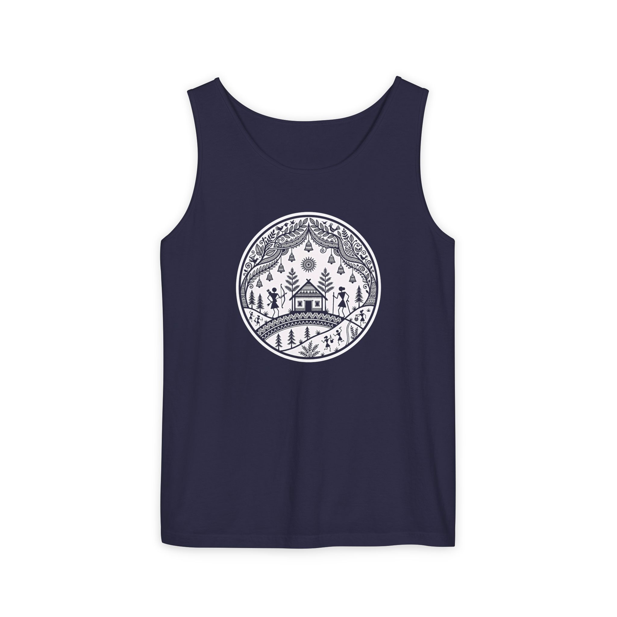 Warli Village Circle Tank Top – Indian Folk Art Heritage Print