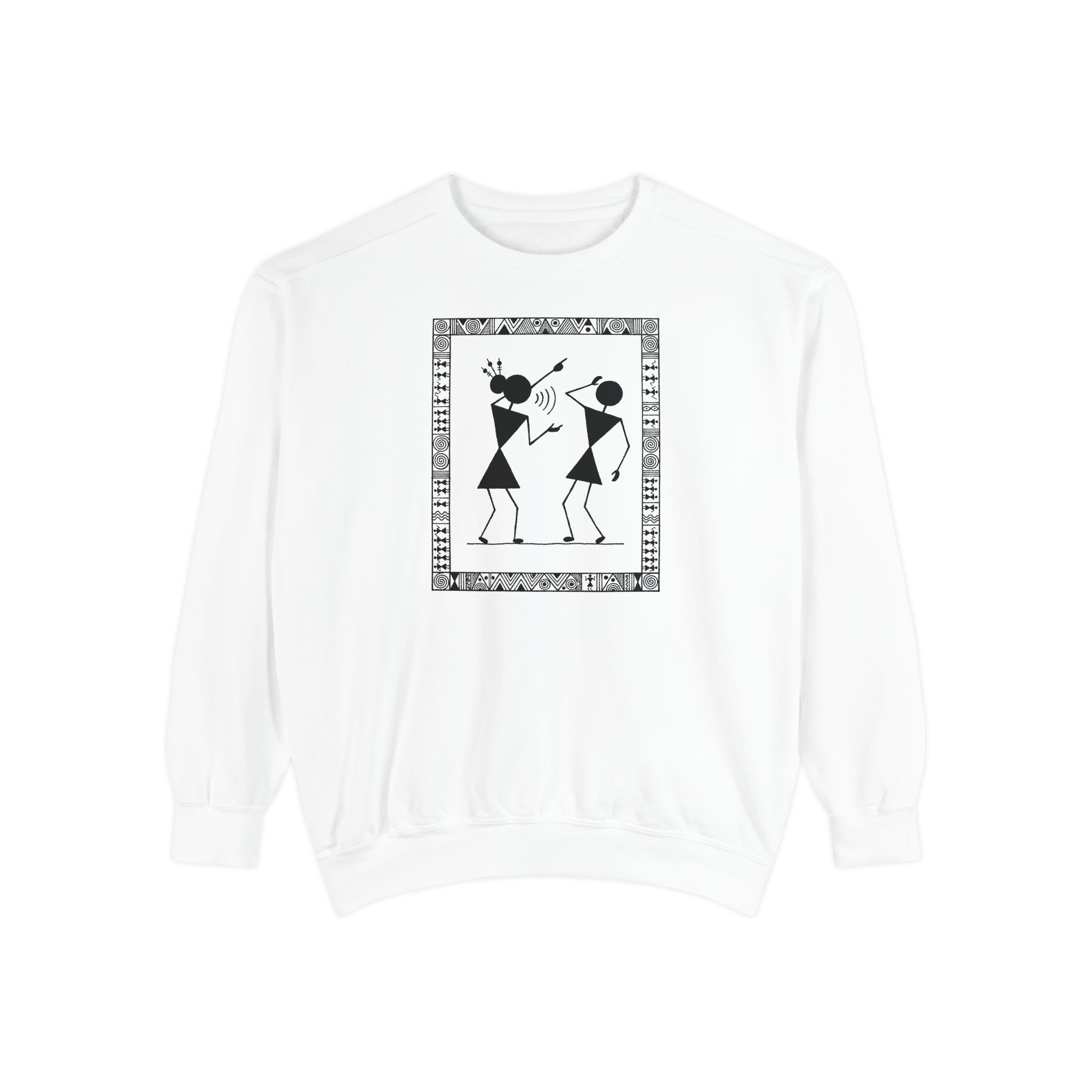 Warli Dab Dance Sweatshirt – Tribal Folk Art on White