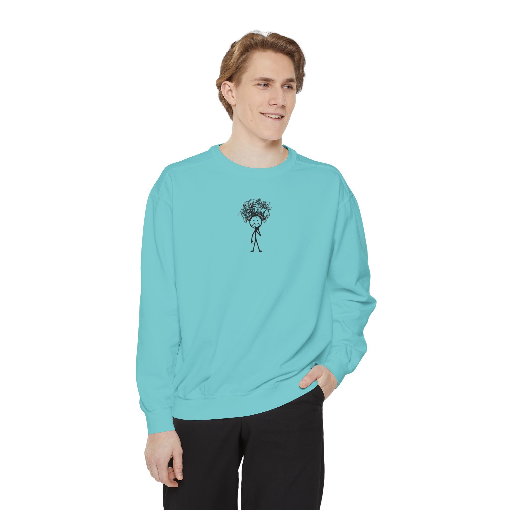 Overthinker Stick Figure Sweatshirt – Anxiety Scribble Art on White - Image 7