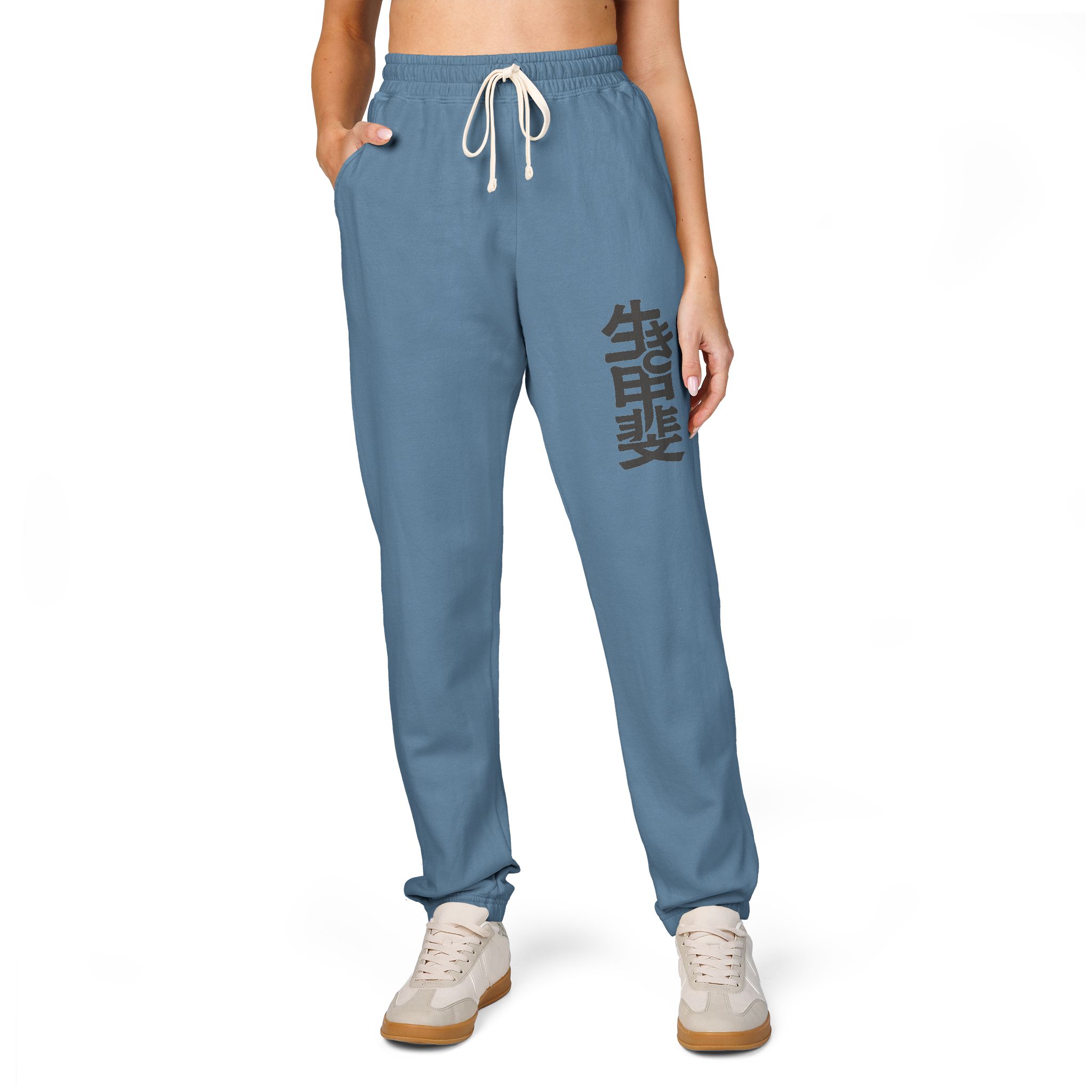 Ikigai Kanji Sweatpants – White Fleece Japanese Life Philosophy Leg Print - Image 11
