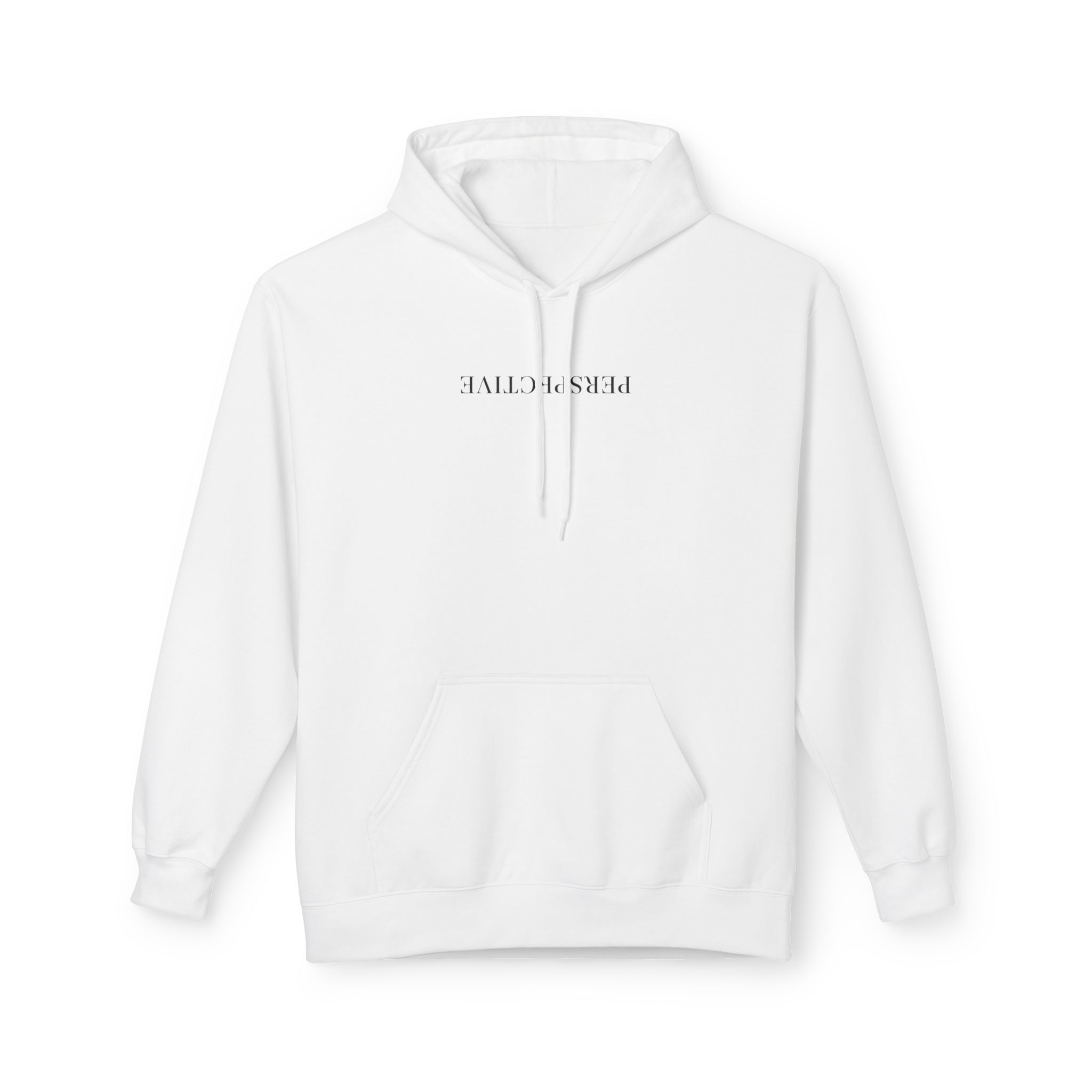 Perspective Hoodie – Upside Down Serif Type on White
