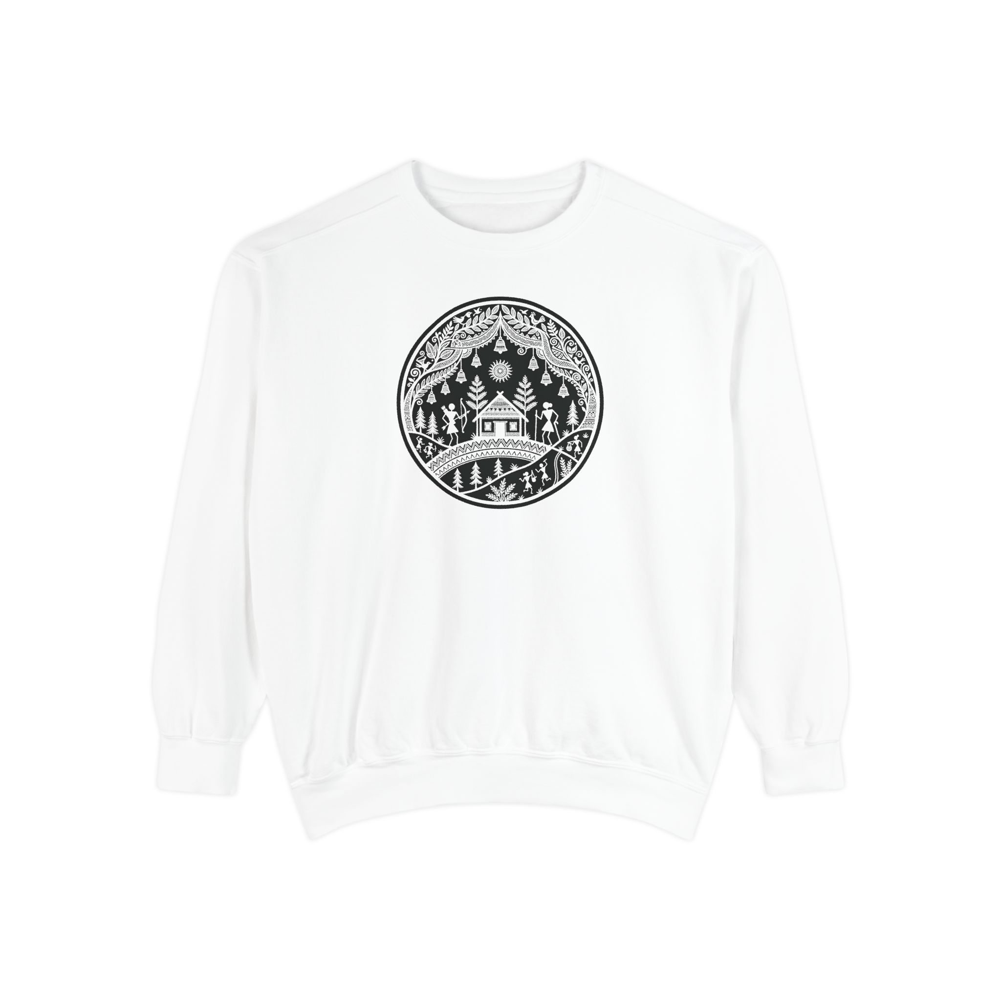 Warli Village Circle Sweatshirt – Indian Folk Art on White