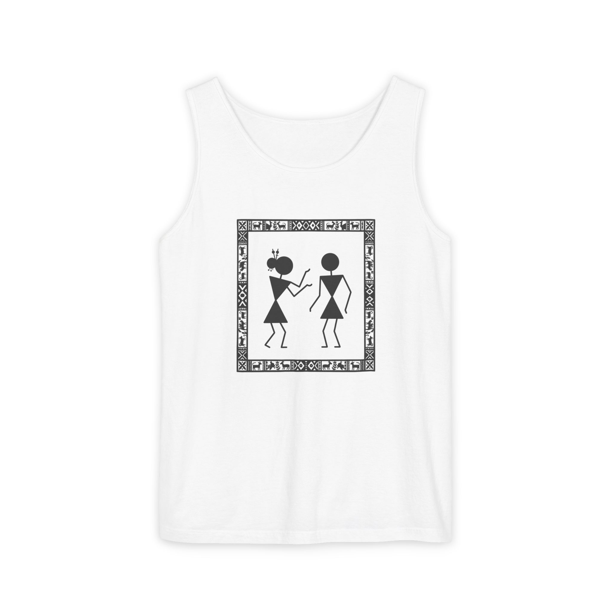 Warli Dance Duo Tank Top – Tribal Folk Art on White