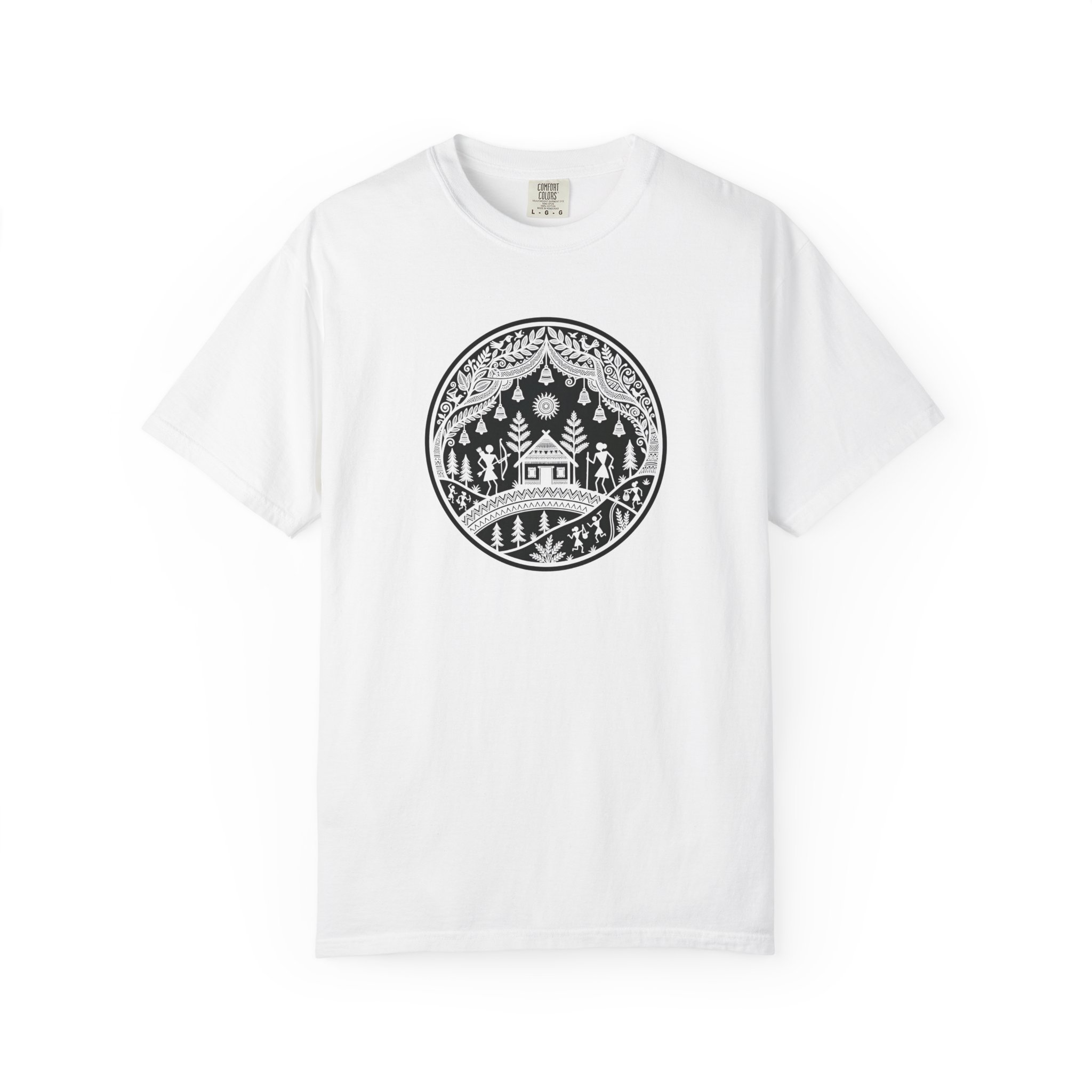 Warli Village Circle Tee – Indian Folk Art on White