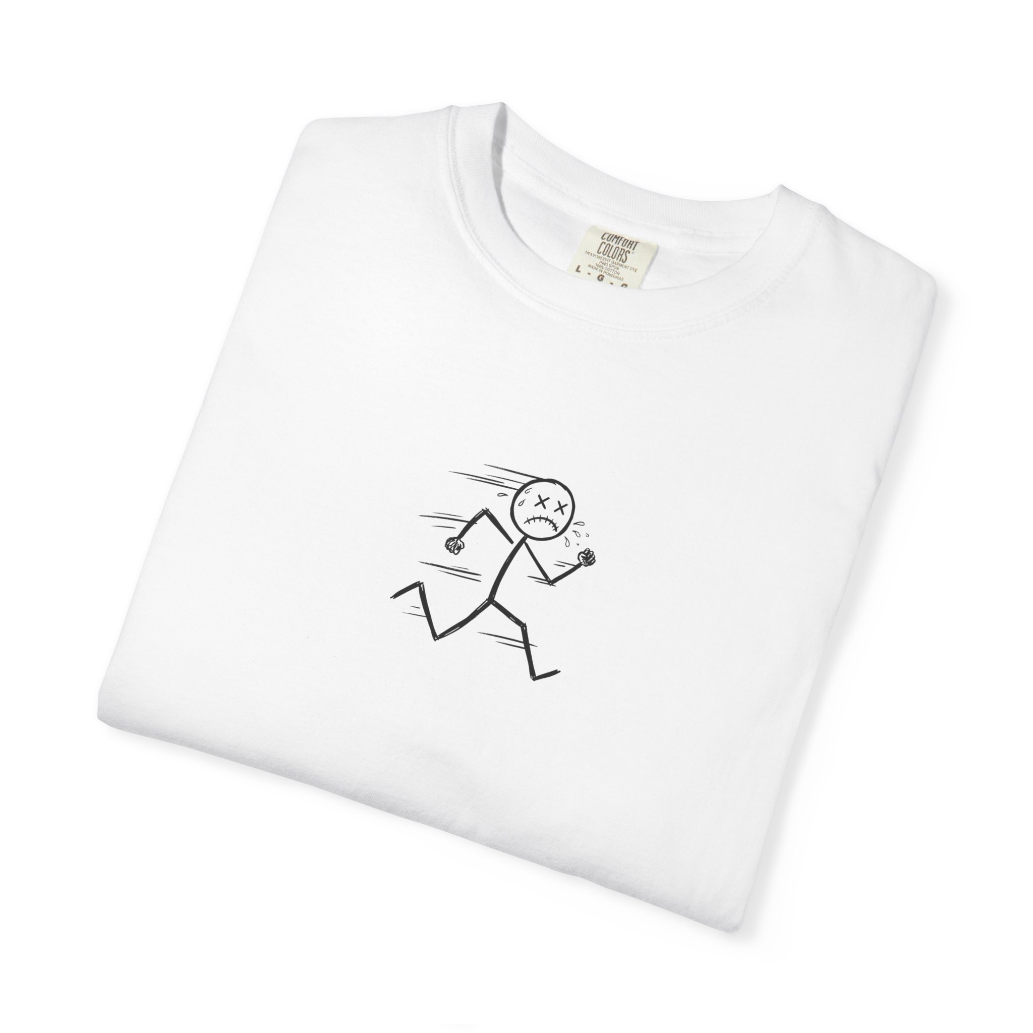 Dead Sprint Tee – Exhausted Stick Figure Running on White - Image 3