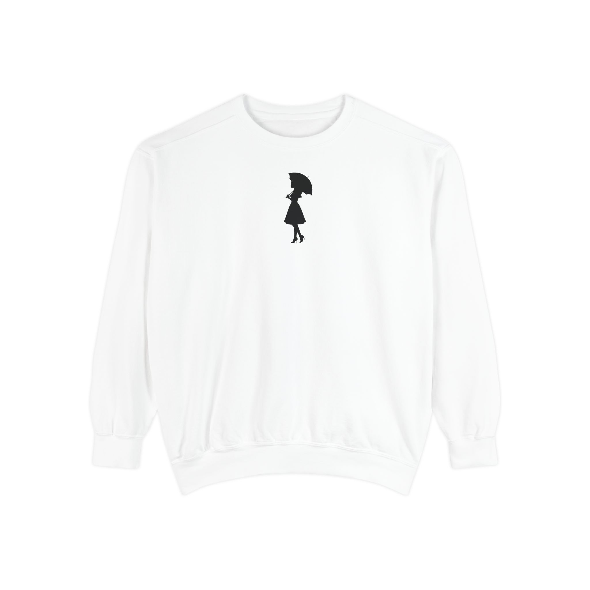 Umbrella Silhouette Sweatshirt – Elegant Woman Walking on White