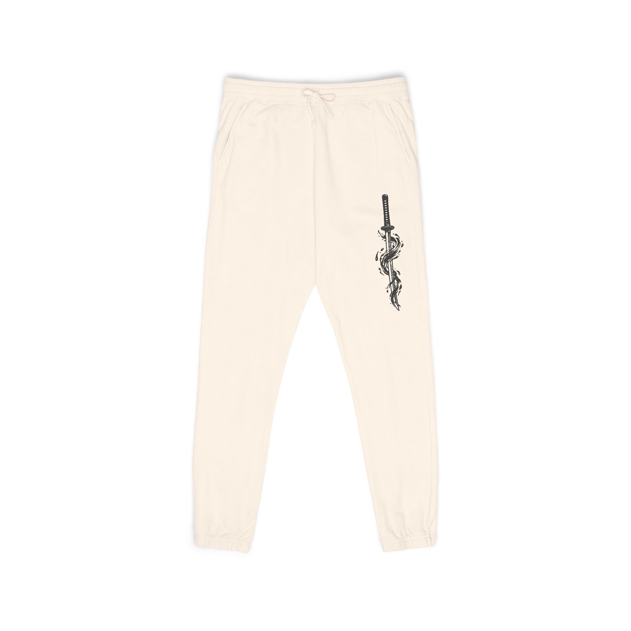 Katana & Water Swirl Sweatpants – White Fleece Japanese Ink Leg Print