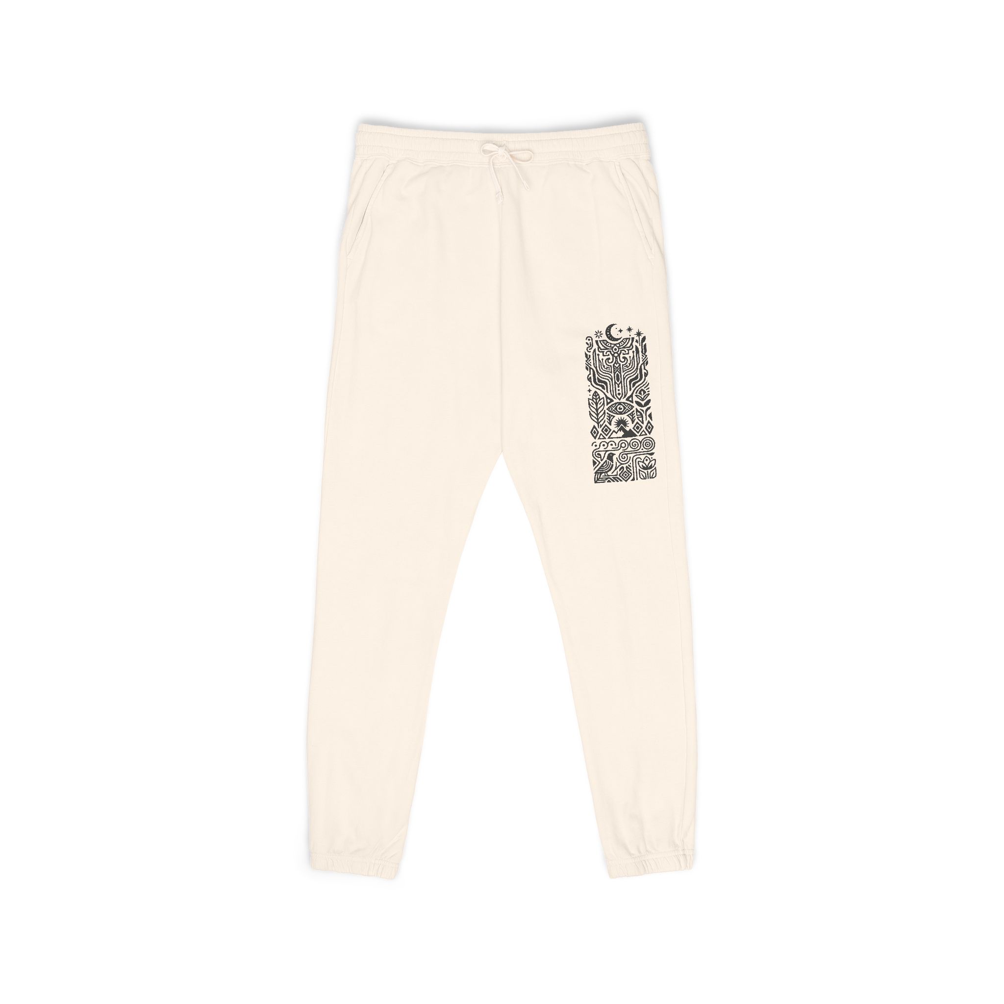 Mystical Totem Sweatpants – White Fleece Cosmic Bohemian Panel Leg Print