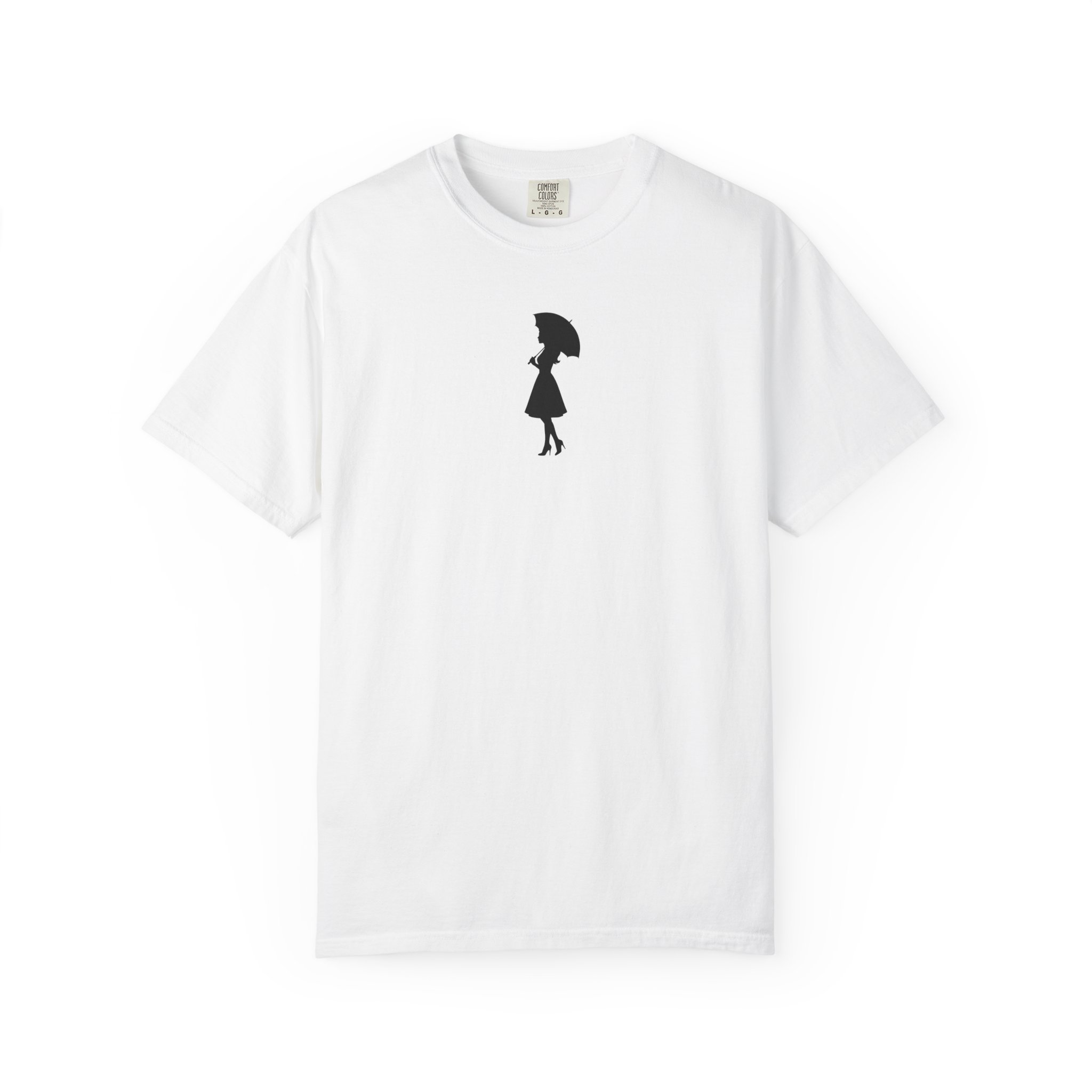 Umbrella Silhouette Tee – Elegant Woman Walking on White