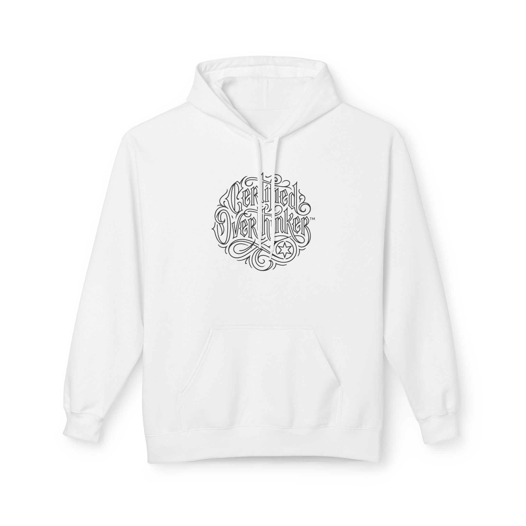 Certified Overthinker™ Hoodie – Gothic Calligraphy Outline on White