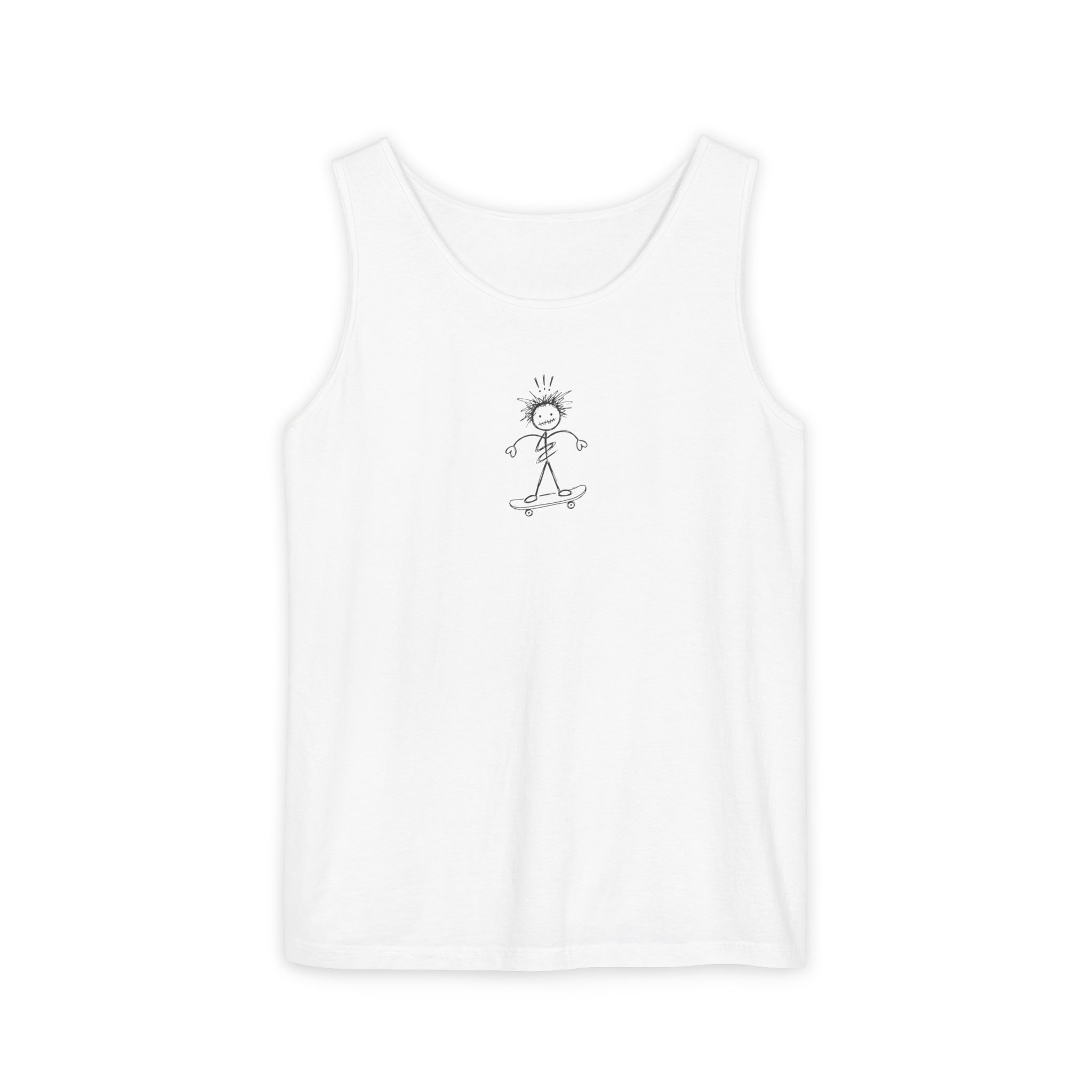 Skater Doodle Tank Top – Stick Figure Skateboard Art on White