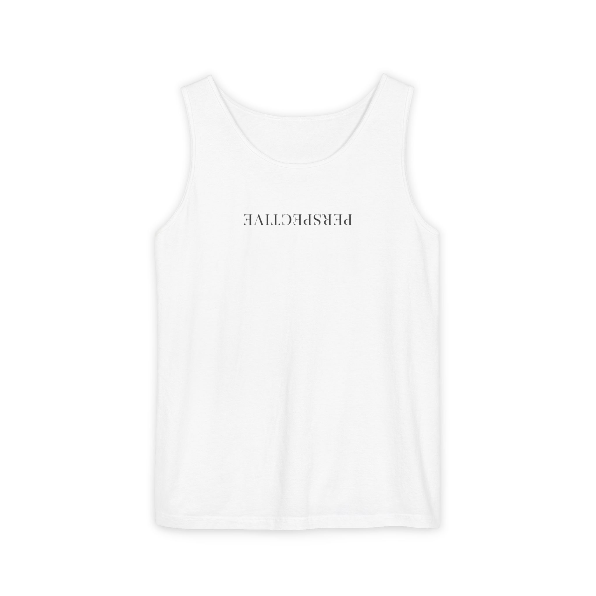 Perspective Tank Top – Upside Down Serif Type on White