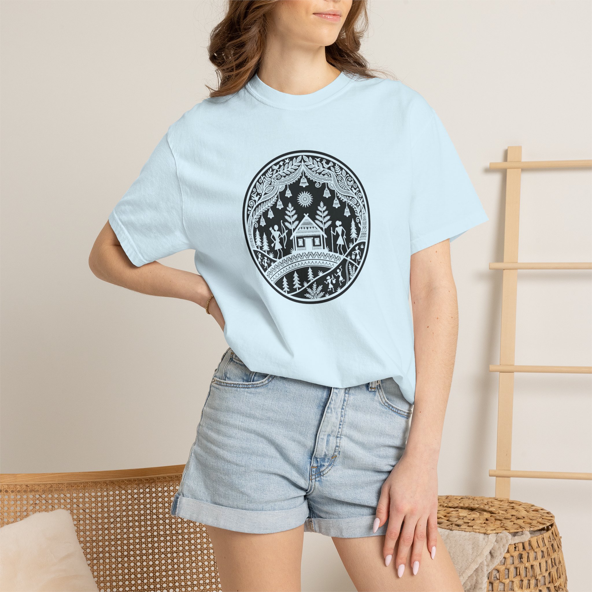 Warli Village Circle Tee – Indian Folk Art on White - Image 20