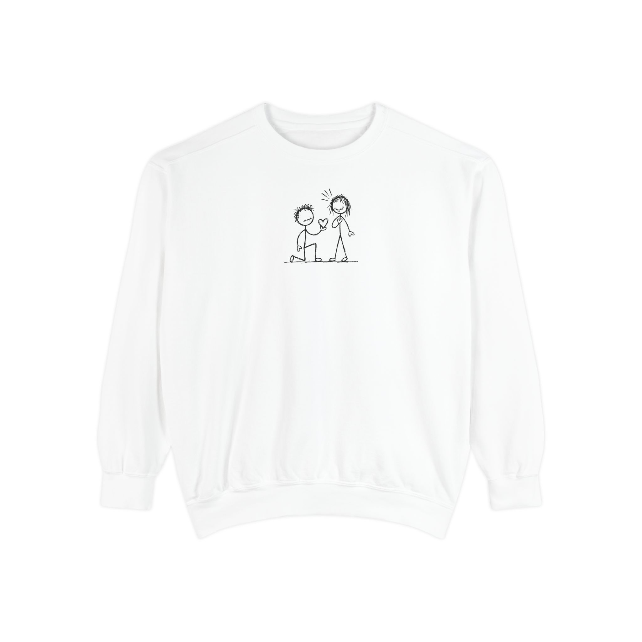 Proposal Doodle Sweatshirt – Romantic Stick Figure Art on White