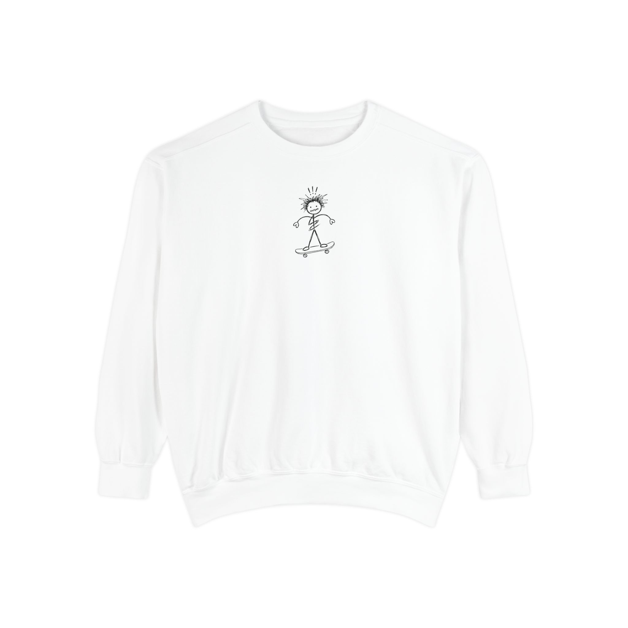 Skater Doodle Sweatshirt – Stick Figure Skateboard Art on White