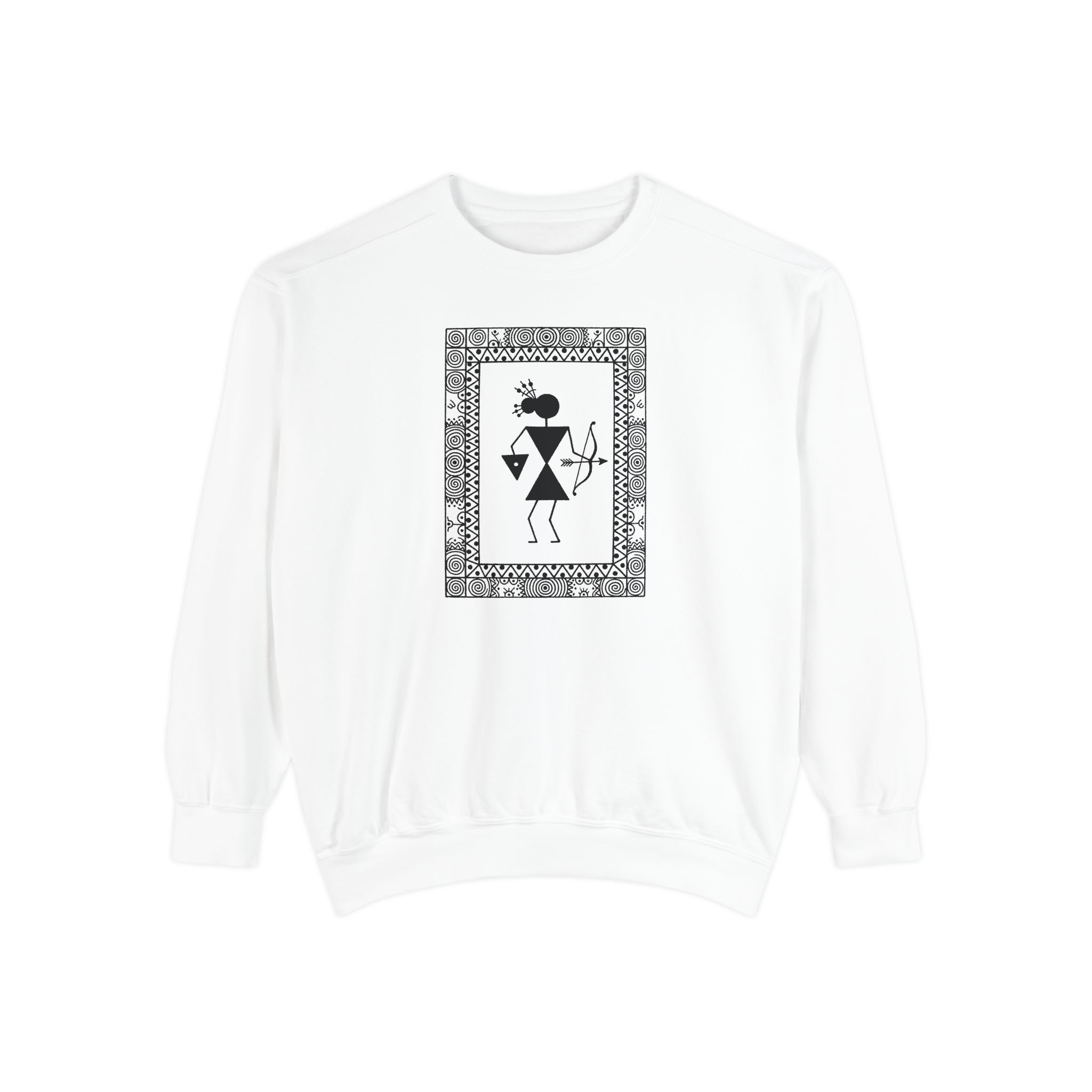 Warli Archer Sweatshirt – Tribal Warrior Folk Art on White