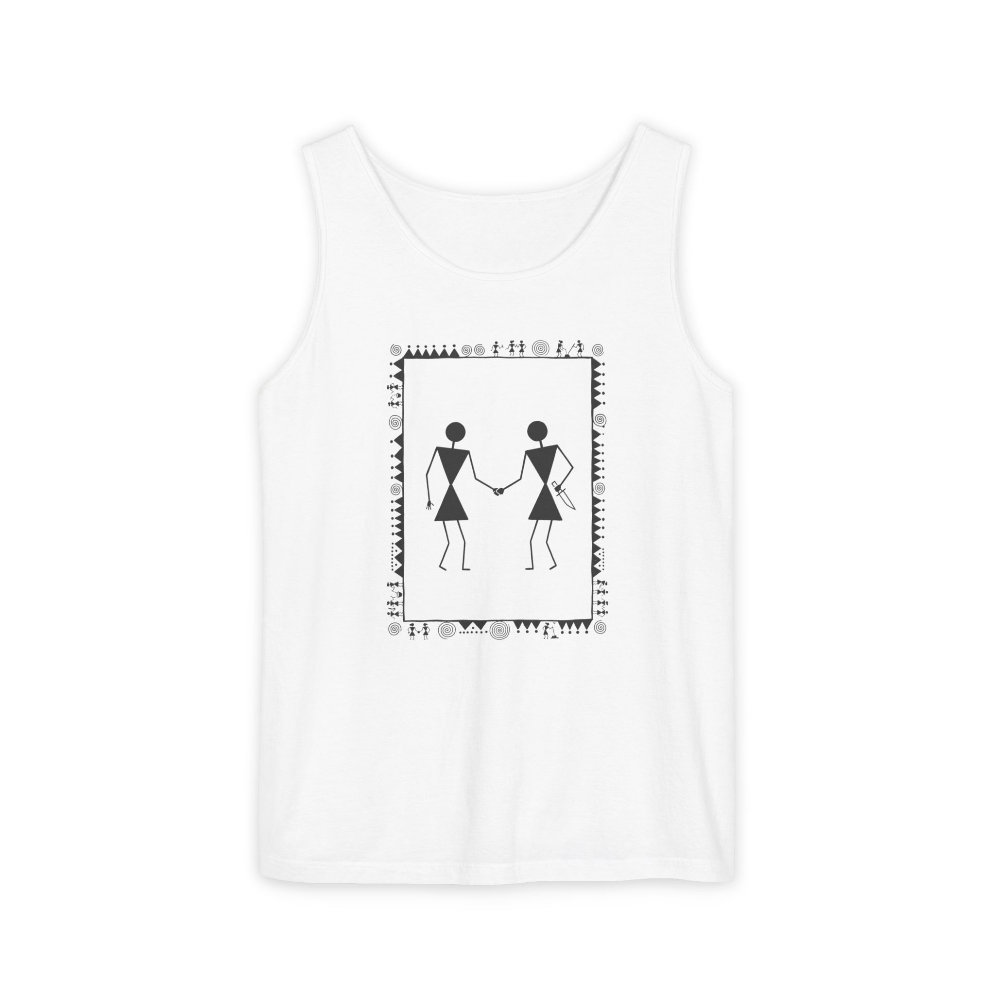 Warli Warriors Tank Top – Folk Art Handshake on White
