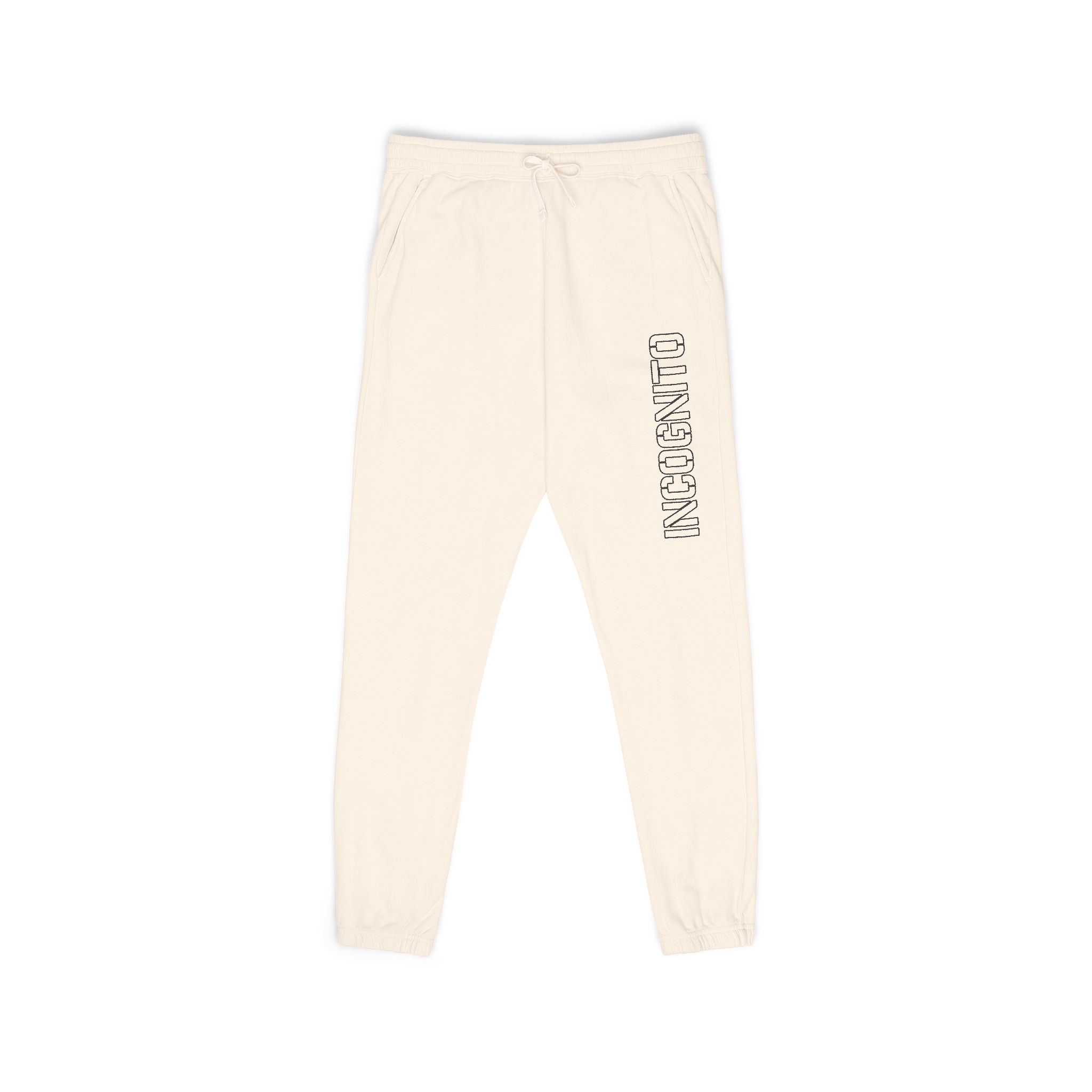 INCOGNITO Outline Block Letter Sweatpants – White Fleece Vertical Leg Typography