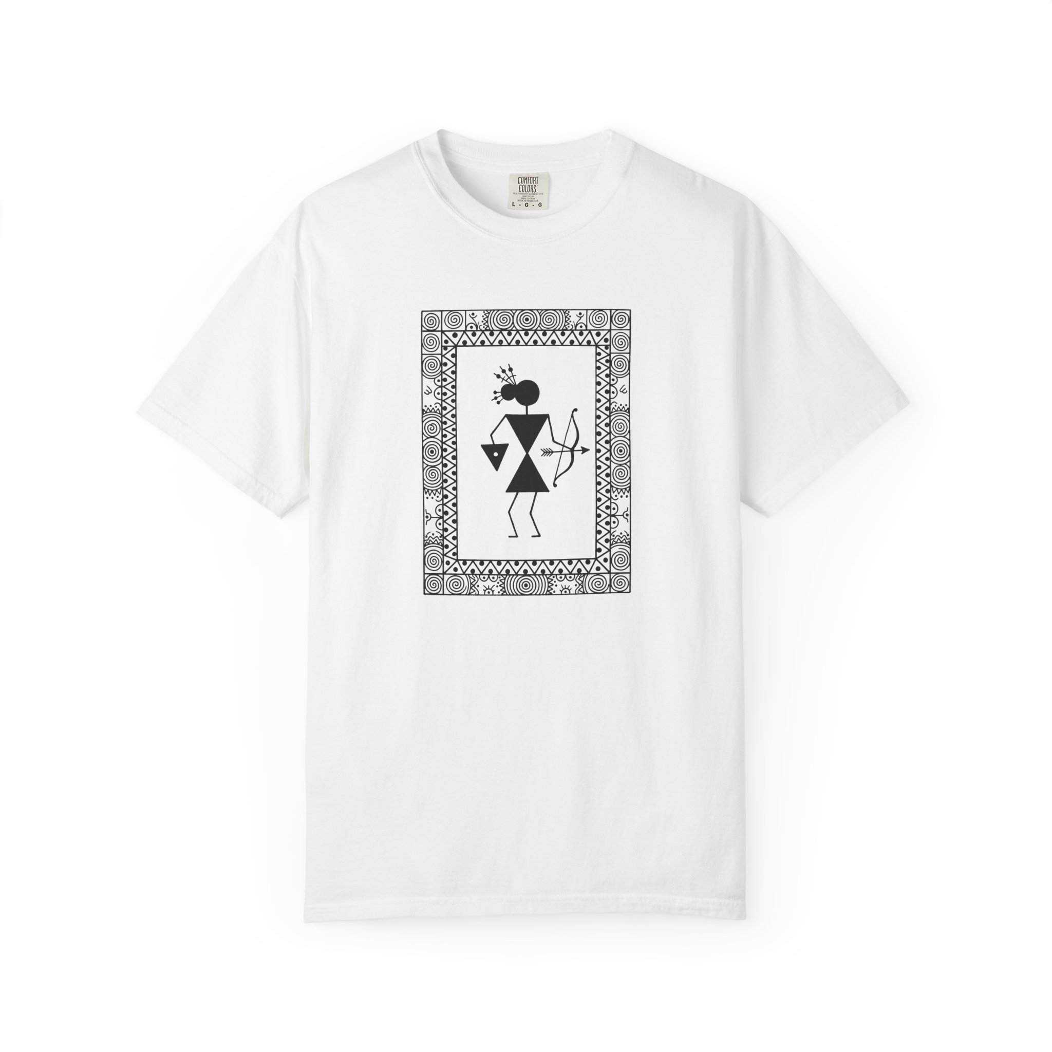 Warli Archer Tee – Tribal Warrior Folk Art on White