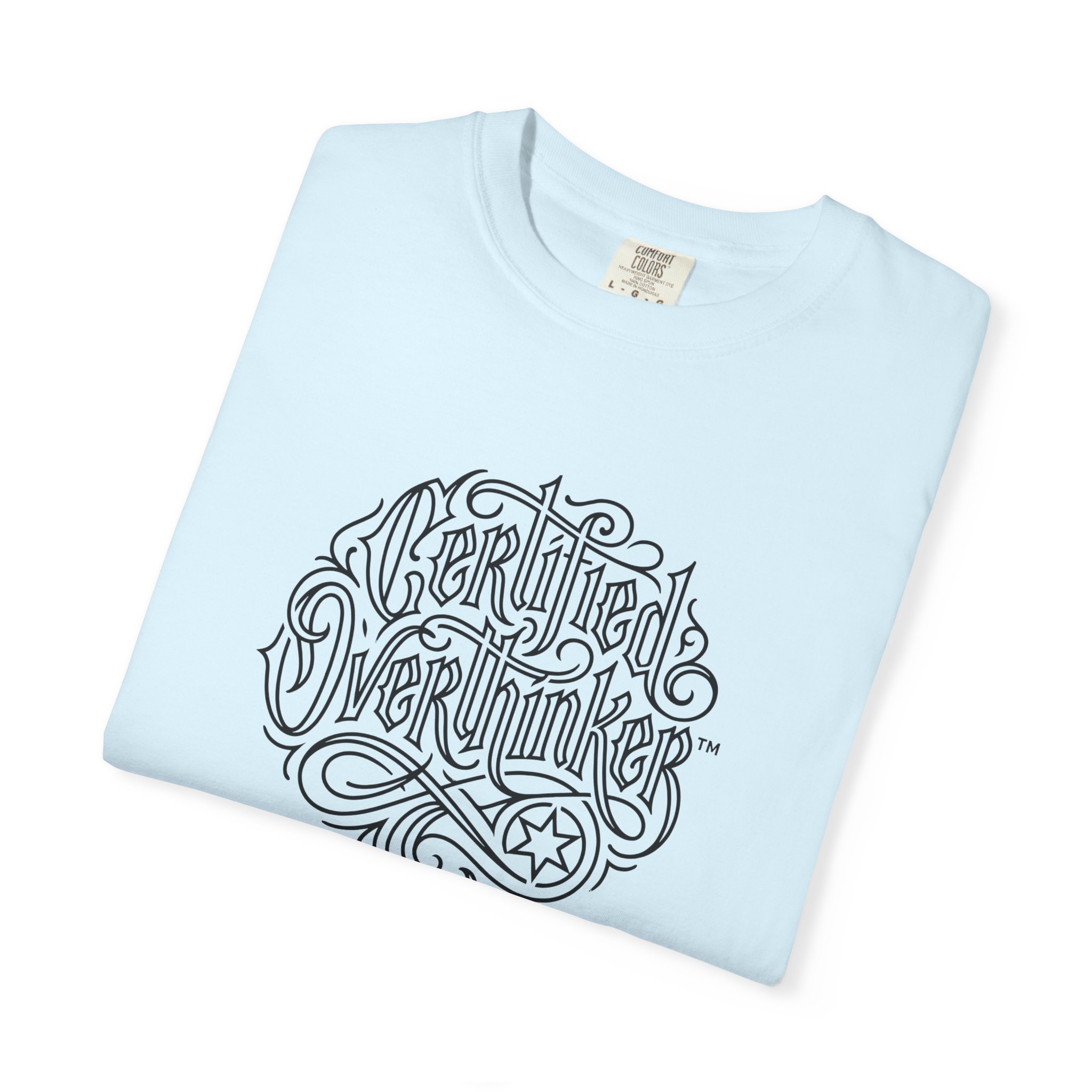 Certified Overthinker™ Tee – Gothic Calligraphy Outline on White - Image 19
